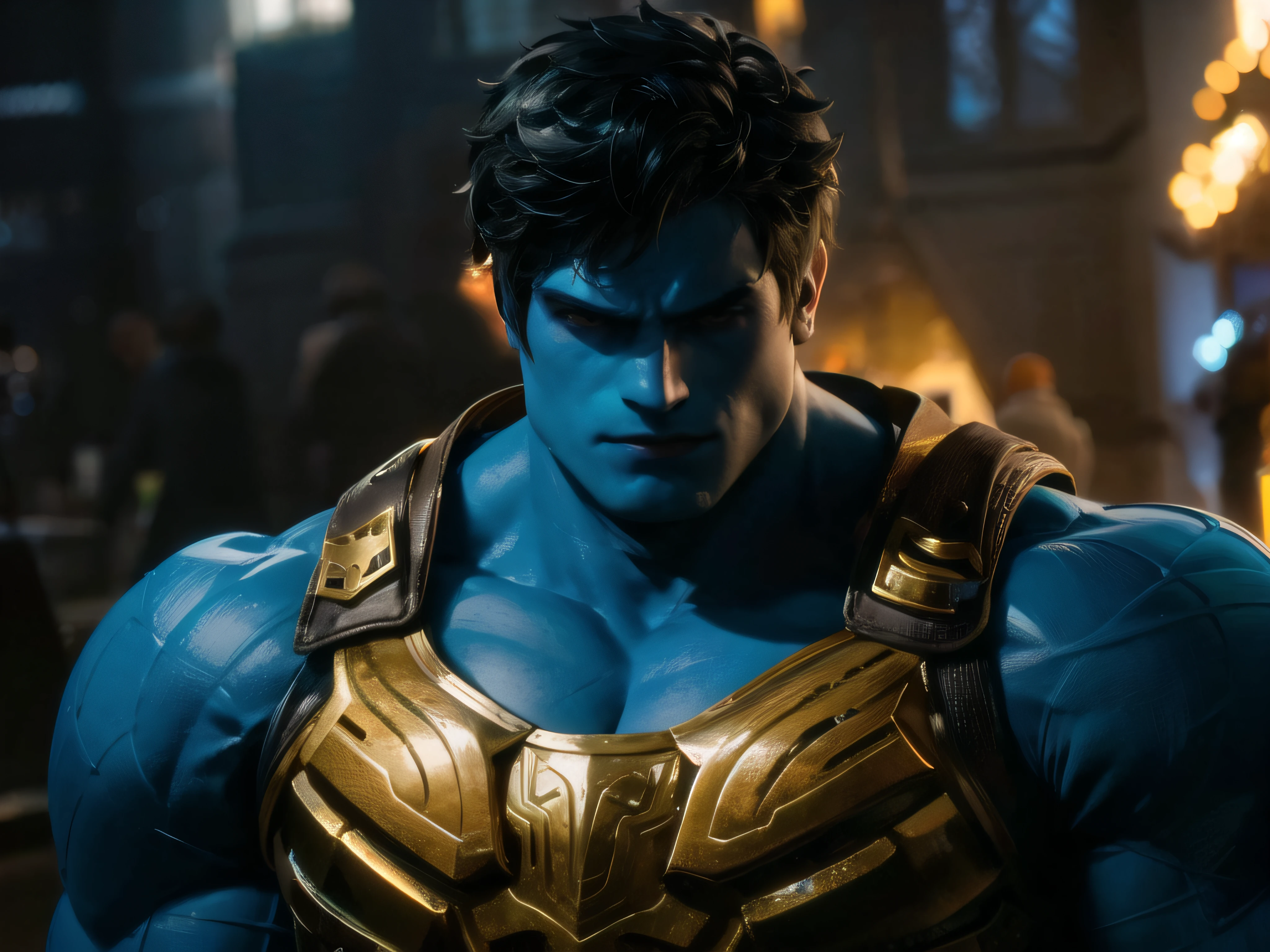 criar personagem masculino, standingn, visto de frente, corpo musculoso semelhante ao de hulk dos vingadores da marvel, com base na imagem sugerida criar imagem de corpo inteiro do heroi masculino, usando uma armadura dourada como a do personagem nasus de league of legends, o personagem criado deve ter um helmo dourado, como na imagem de referencia, armadura, braceletes, botas, dourados, com pedras de topazio encrustradas, motor unreal face azul, cinematic bust shot, cinematic close-up of bust, irritado 8 k, Trending in ArtStation 4K, 8 k cg render, foto de retrato, 8k film footage, medium close - up ( Mcu ), CGI 8K, 8K HDR octane rendering