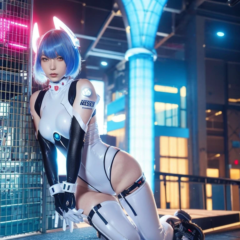 r_ap82_, (realistic, photorealistic), 1girl, black short hair, white hair ornament, ((white bodysuit, gloves)), thighs, (full body), sitting on the ground, (full body shot),(masterpiece, high quality, best quality), (colorful),(delicate eyes and face), volumatic light, ray tracing, extremely detailed CG unity 8k wallpaper,solo((flying petal)),outdoors, ((cyberpunk)), cyber city, ((neon trim)), night,(cityscape),