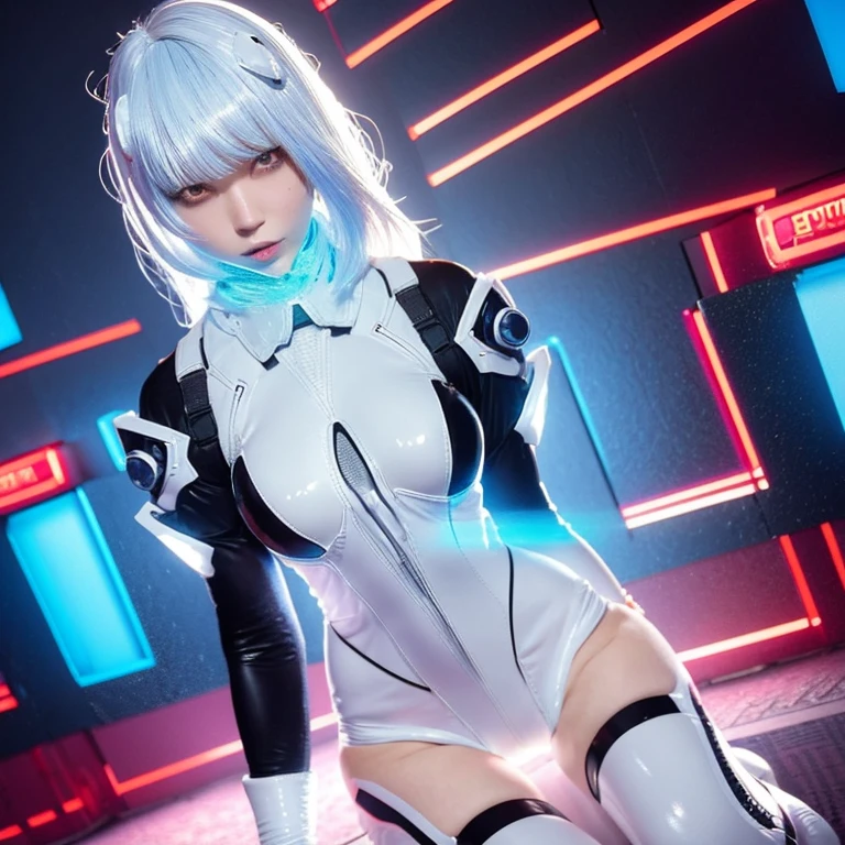 r_ap82_, (realistic, photorealistic), 1girl, black short hair, white hair ornament, ((white bodysuit, gloves)), thighs, (full body), sitting on the ground, (full body shot),(masterpiece, high quality, best quality), (colorful),(delicate eyes and face), volumatic light, ray tracing, extremely detailed CG unity 8k wallpaper,solo((flying petal)),outdoors, ((cyberpunk)), cyber city, ((neon trim)), night,(cityscape),