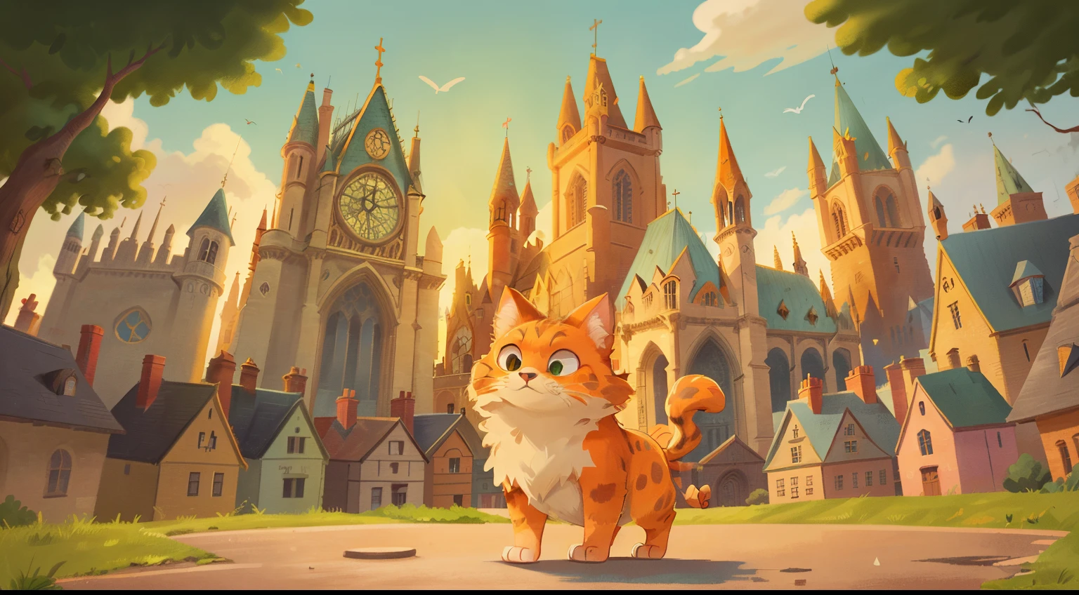 Disney-style cat, orange-spotted, green eyes, full figure, fluffy fur, hind legs on the ground, right front paw with long claws, cunning face, Jumps across the rooftops of the city, with a Cathedral-style church like Notre Dame in the background.