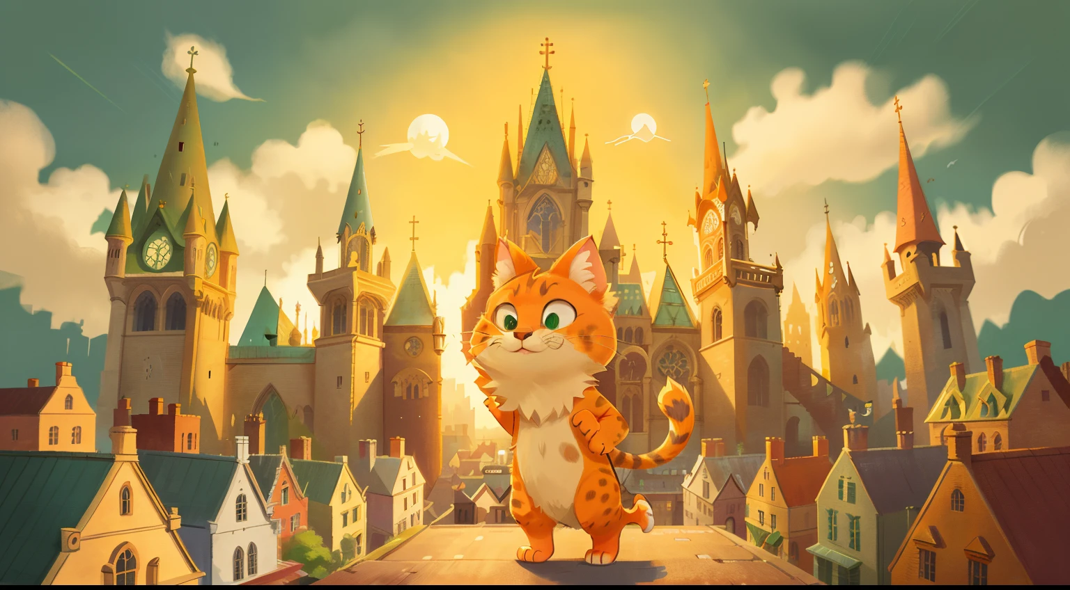 Disney-style cat, orange-spotted, green eyes, full figure, fluffy fur, hind legs on the ground, right front paw with long claws, cunning face, Jumps across the rooftops of the city, with a Cathedral-style church like Notre Dame in the background.