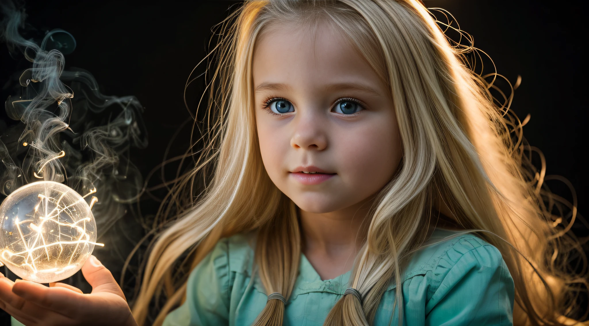 a close-up of a blonde with long hair, BIG BALL OF electrified ICE IN HANDS. WNGS DE VERDE FUMO CLARO.