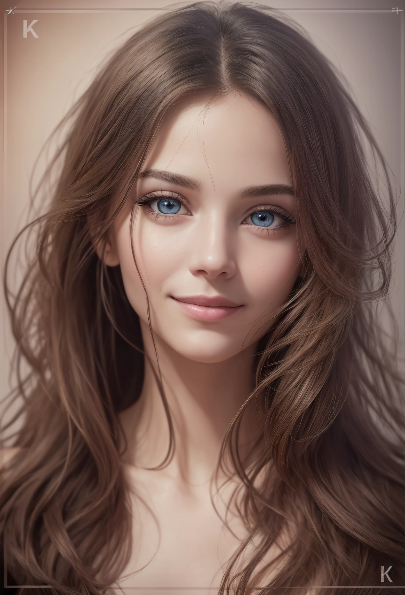 realistic person photography a model, Photo from head to hip, Super realistic, sensual young white woman, inverted heart face, black eyes well made up, detailed, soft brown waves hair, defined and detailed, blue dress, model pose, hyperdetailed, beautiful, aesthetic, Beautiful and sweet and in love girl --auto --s2