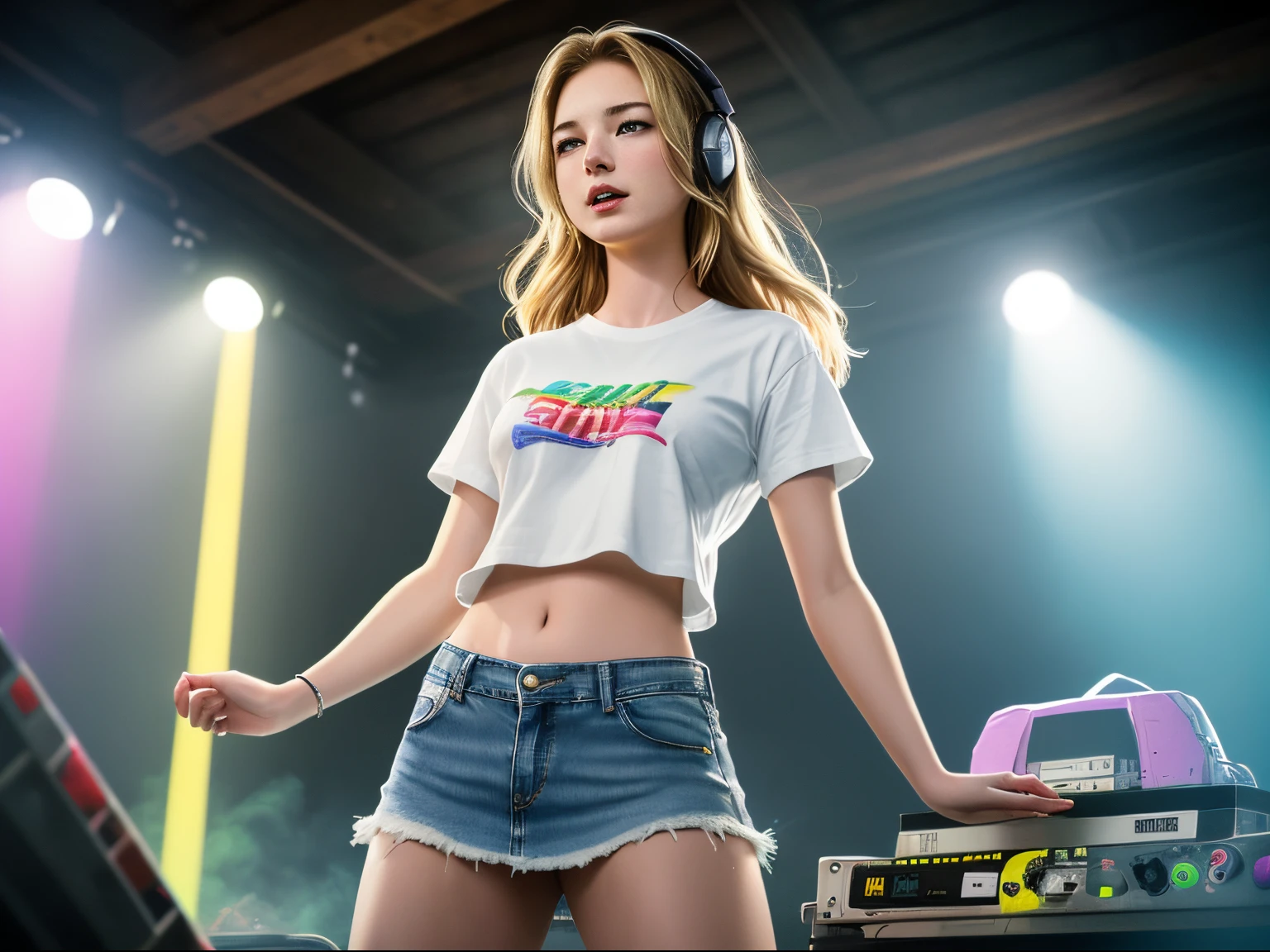 top quality 32k raw photo of 18-year-old Emily VanCamp wearing white T shirt and jeans skirt and headphone. navel look. she is on the disco stage playing. colorful lights,
