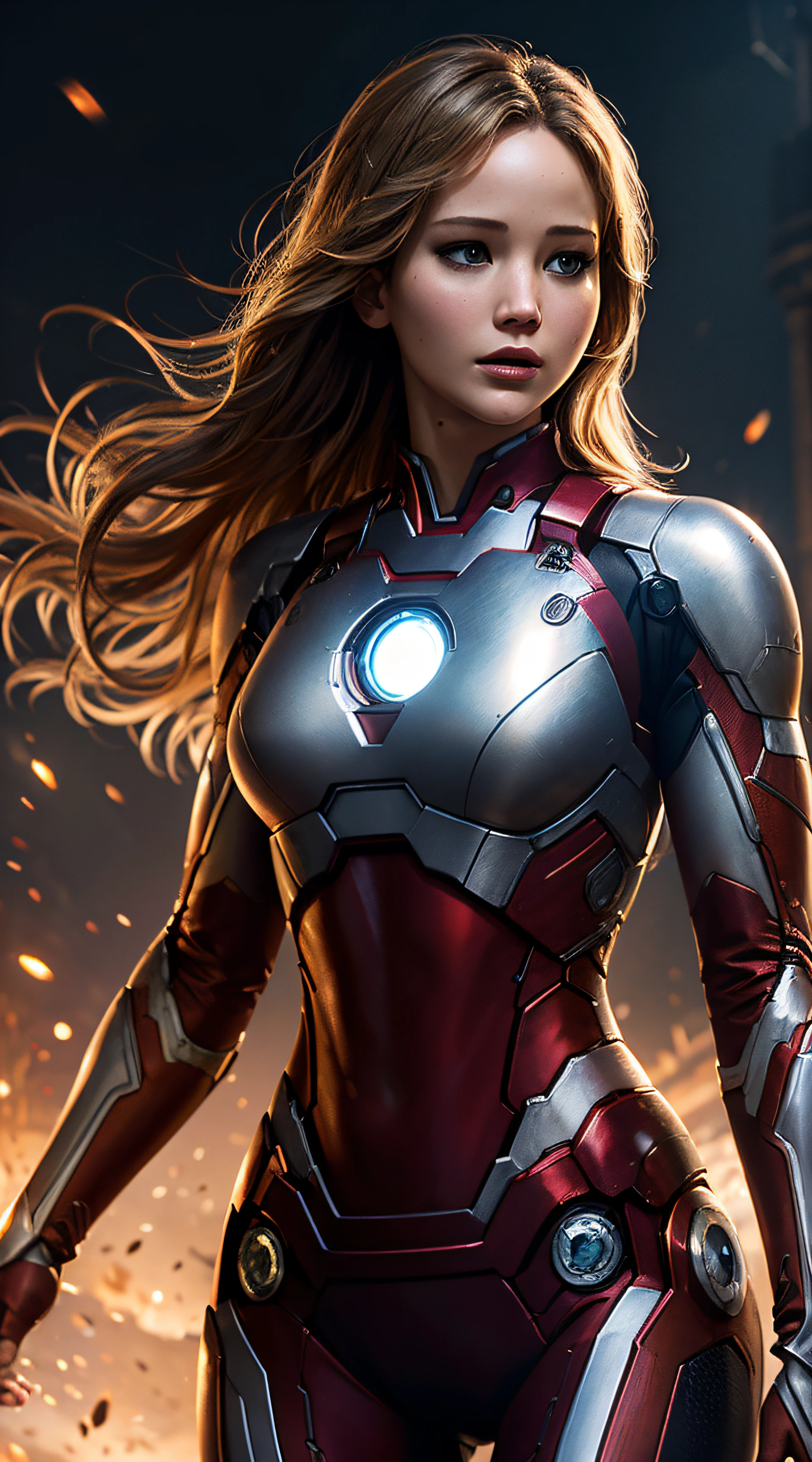 Jennifer Lawrence, ironman costume sexy clothes, character portrait, 4 9 9 0 s, long hair, intricate, elegant, highly detailed, digital painting, artstation, concept art, smooth, sharp focus, illustration