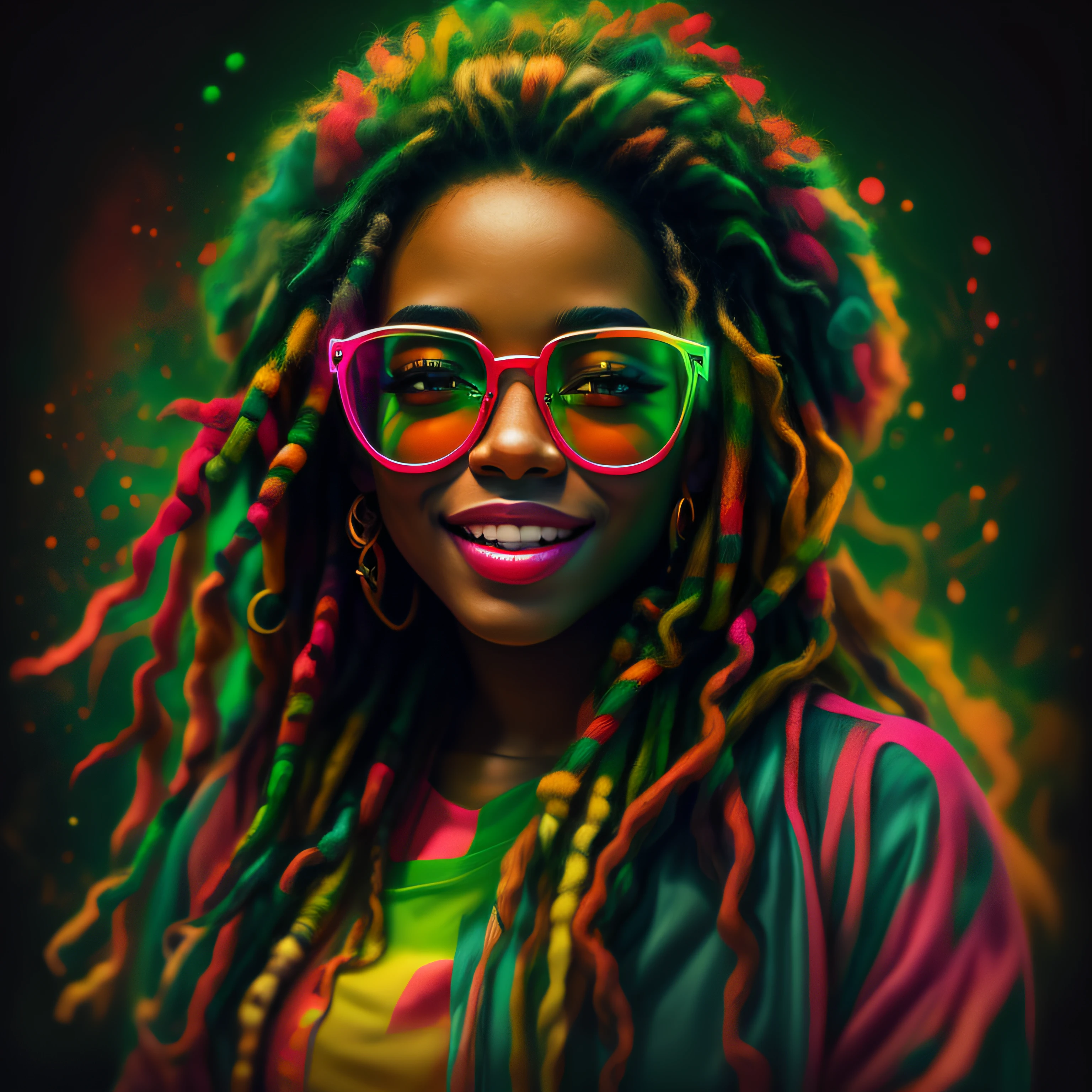 arte do vetor, blur art (1girl Rasta sorrindo com roupas nas cores do reggae) mafia, neon style cinematic lighting, salpicado de tinta