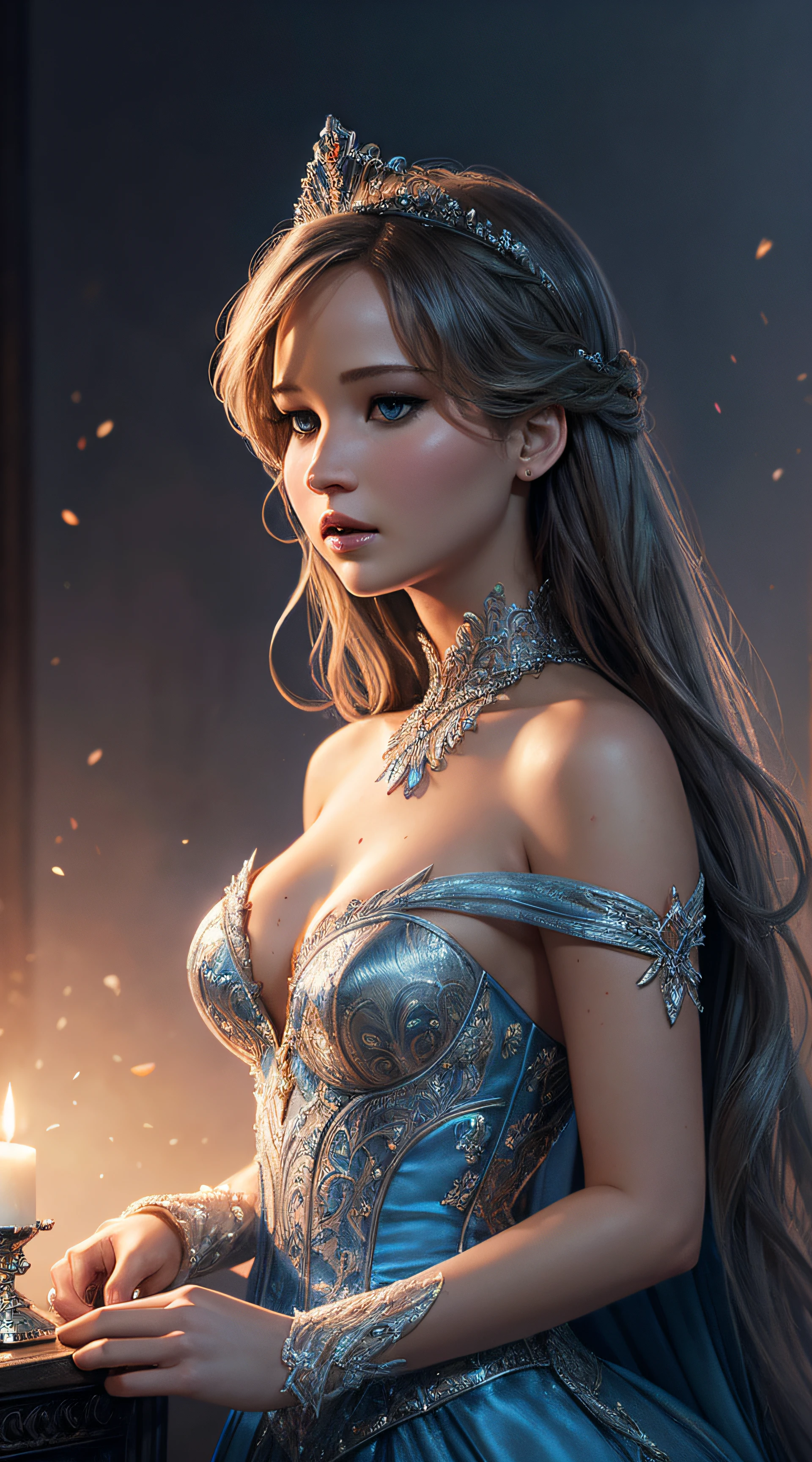 Jennifer Lawrence, cinderella tiara sexy clothes, character portrait, 4 9 9 0 s, long hair, intricate, elegant, highly detailed, digital painting, artstation, concept art, smooth, sharp focus, illustration