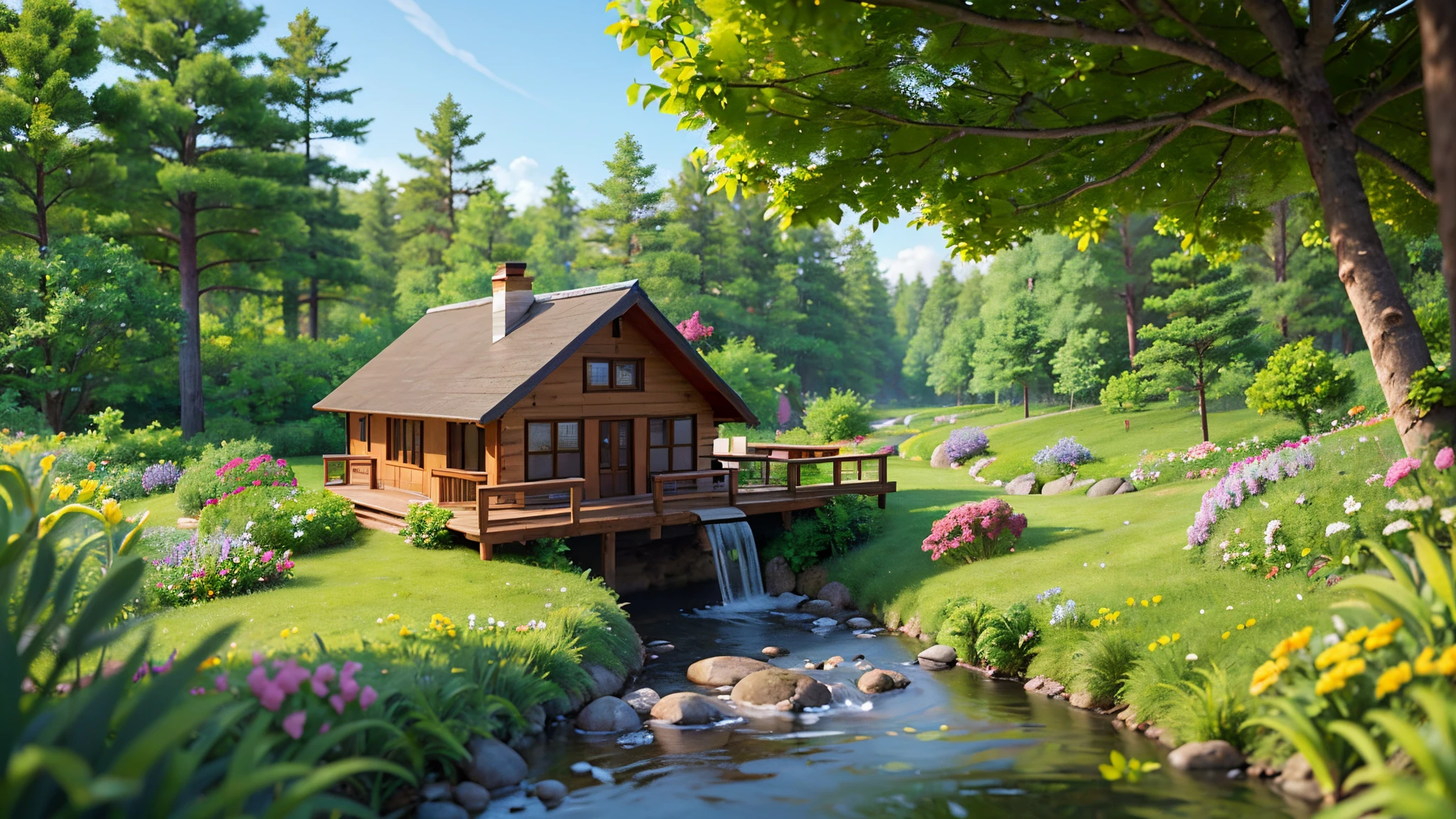 At the edge of a deep forest stands a cozy wooden house. The sloping tiled roof invites you inside. Tall pine trees surround the house, their branches rustling in the gentle breeze. In front of the house, there is a green meadow adorned with flowers of various shades. A clear river flows nearby, creating a soothing sound of water. Everything is filled with tranquility and harmony with nature octane render landscape 4k photorealistic --auto --s2