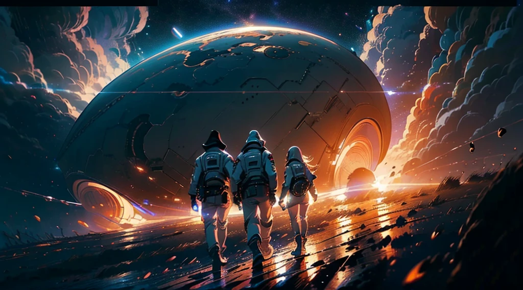 (((Three people ))) A group of astronauts walking into the space ship, ready to take off, (((two men one woman)), dark clouds, sundown golden sun, thin rain falling, late afternoon. 4k, unreal engine, cinematic, high quality image