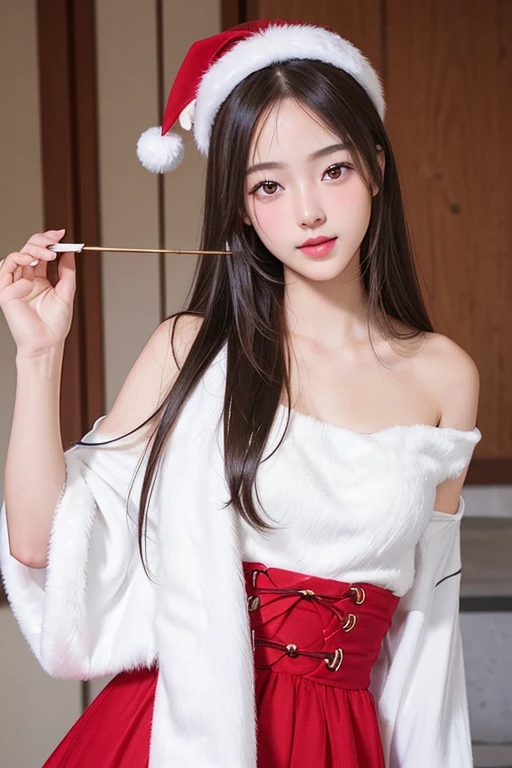 masterpiece, The highest image quality, hightquality, beautiful a girl, japanes, Japan schoolgirl, Popular Korean Makeup, detaileds, Swollen eyes, A detailed eye, Detailed skin, Beautiful skins, 超A high resolution, (现实:1.4), very extremely beautiful, Slightly younger face, Beautiful skins, slender, (A hyper-realistic), (hight resolution), (8K), (beautifully detailed eyes), (ultra-detailliert), (wall-paper), (详细的脸), looking at the viewers, finely detail、A detailed face、pureerosfaceace_v1、A smile、Looking straight ahead、Looking straight ahead、angle from waist up、photos realistic、Bright lighting、length hair、santa cross costume、santa claus、Winter City