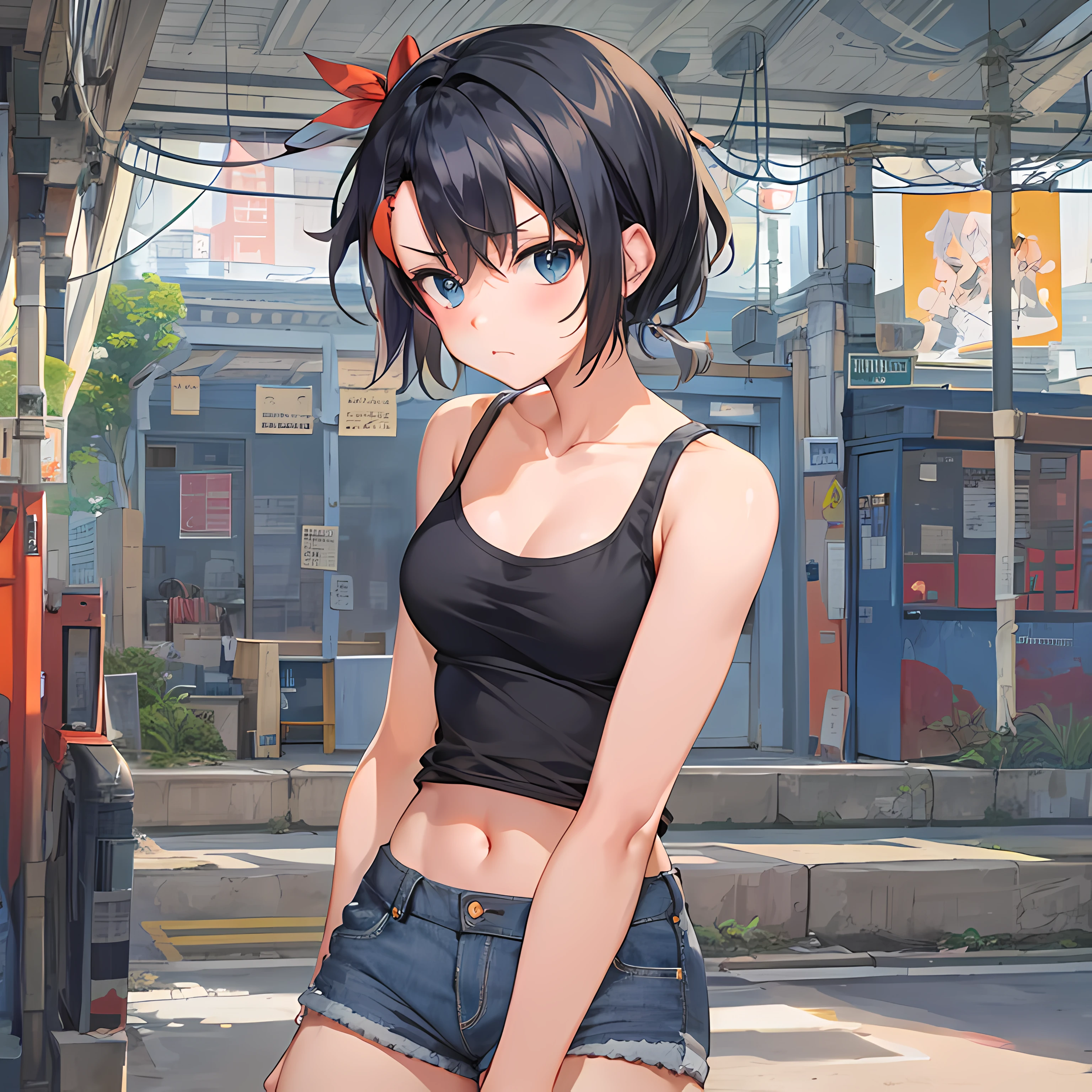 (high quality) Single anime girl, mean frown, short black hair in a ponytail, black tight tanktop, flat chest, jean shorts, no boobs, school background