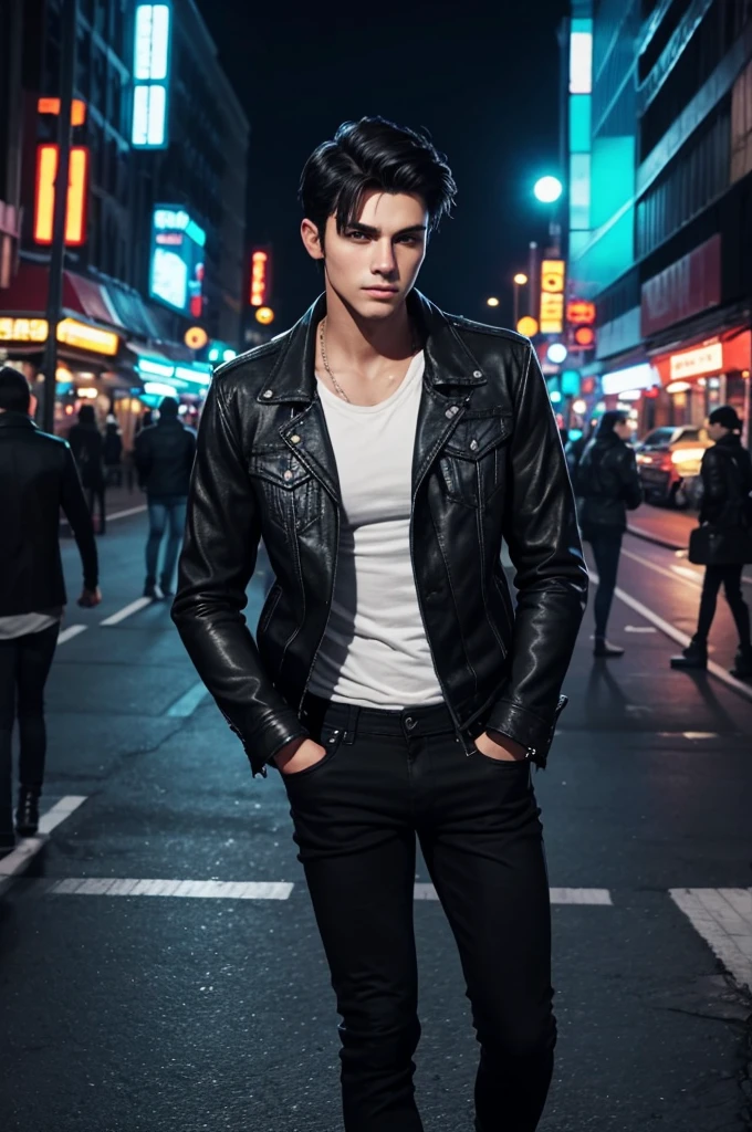 guy in his twenties, short dark hair, slim, wears black jacket, shirt, jeans, boots, city at night, neon lights