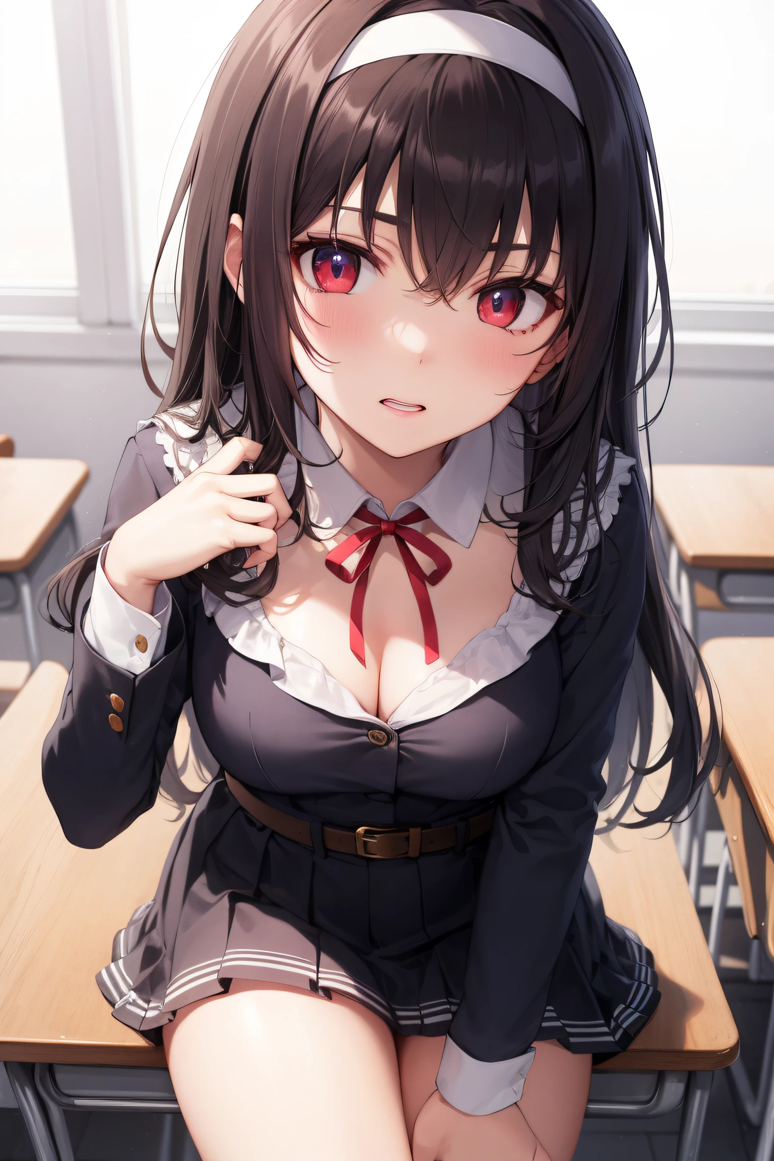 kasumigaokautaha, utaha kasumigaoka, black hair, hairband, long hair, (red eyes:1.5), 
BREAK shirt, long sleeves, dress, ribbon, white shirt, collared shirt, belt, neck ribbon, red dress, blue ribbon, pleated dress, grey dress,
BREAK looking at viewer,puppy position, pov, nsfw, provocative, nervous, embarrassed, blushing,
BREAK indoors, classroom,
BREAK (masterpiece:1.2), best quality, high resolution, unity 8k wallpaper, (illustration:0.8), (beautiful detailed eyes:1.6), extremely detailed face, perfect lighting, extremely detailed CG, (perfect hands, perfect anatomy),