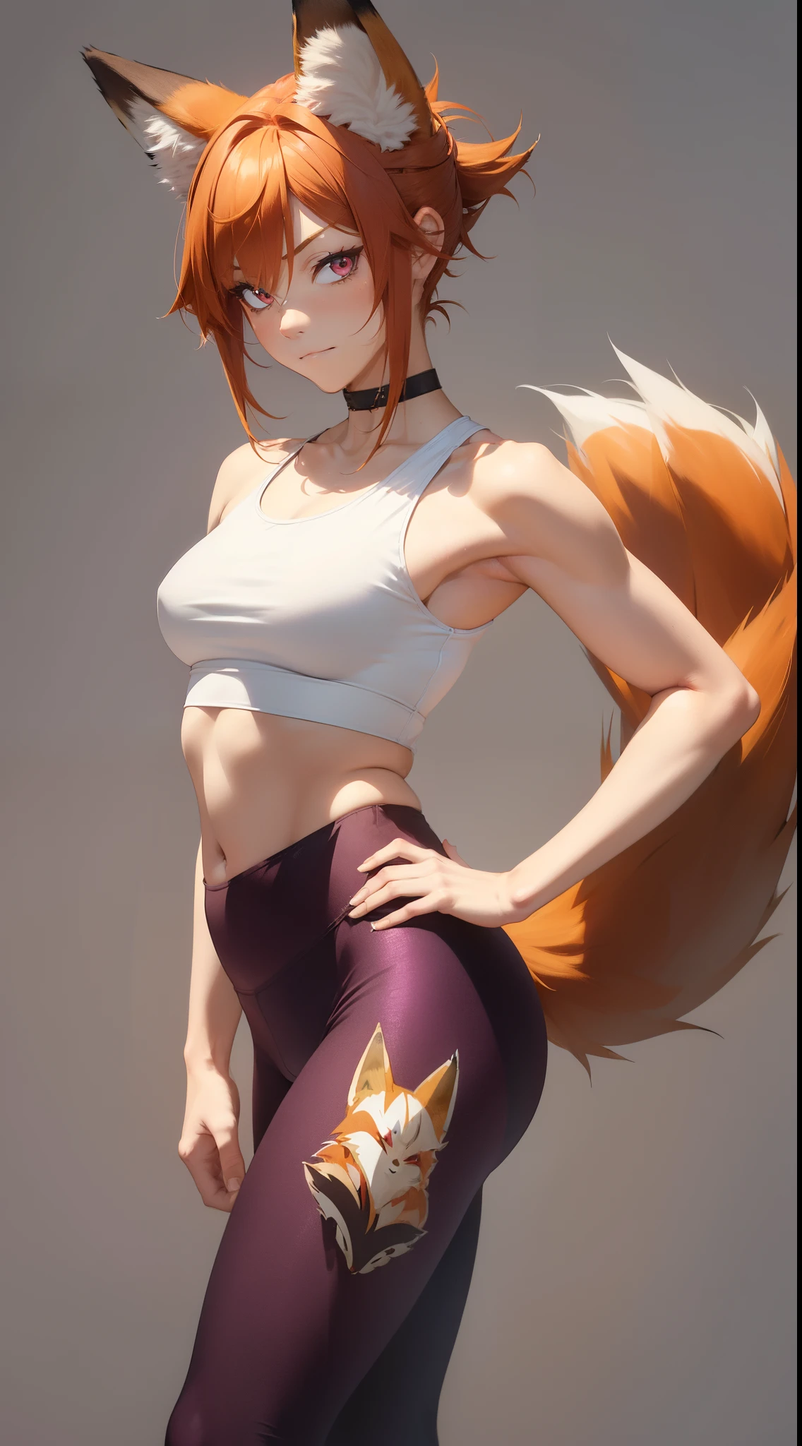 Masterpiece, (Manly girl:1.5) with short ginger hair, punk hair style, half shaved hair style, (shy face expression:1.5), athletic, muscular, strong body, has fox ears, (has fox tails:1.5), action pose, (wearing thigh yoga pants, wearing oversize long tank top:1.25), narrow hips, solo, alone, no foxes, showing belly, has glowing red eyes, (flat chest:1)