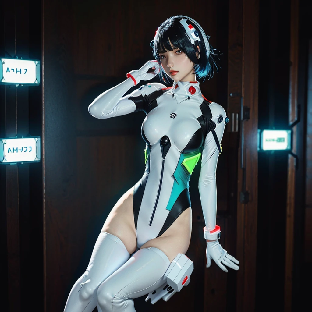 r_ap82_, (realistic, photorealistic), ayanami_rei, 1girl, black hair, short hair, ((white bodysuit, gloves)), thighs, (full body), Standing, (full body shot),(masterpiece, high quality, best quality), (colorful),(delicate eyes and face), volumatic light, ray tracing, extremely detailed CG unity 8k wallpaper, outdoors, ((cyberpunk)), cyber city, ((neon trim)), night,(cityscape),
