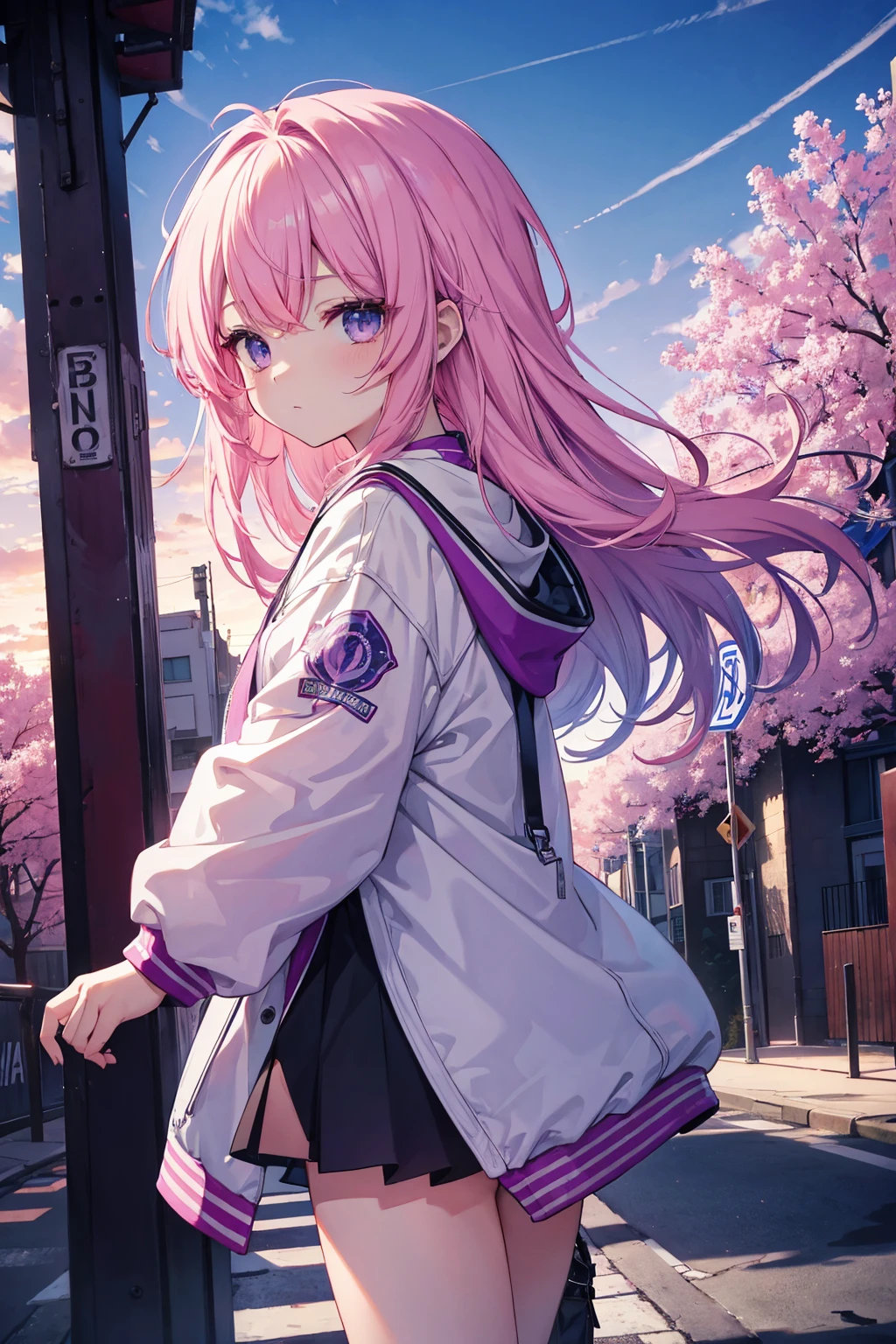 master part, top-notch quality, 4K Ultra HD, featuring Gawr Gura from Hololive but with pink hair, in a white varsity jacket, posar para uma foto. Arte inspirada no estilo de Guweiz, arte de anime digital detalhada, flawless artwork, in a city with beautiful trees, with an early morning purple sky with beautiful clouds