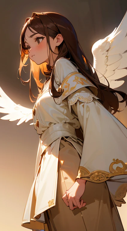 (La mejor calidad,8k,Altas Resoluciones,Obra maestra:1.2), Ultra detallado, HDR, profesional, Beautiful detailed and strong light brown eyes, cute button nose, dulces labios, angelic expression, straight shoulder length dark brown hair, dressed in pants, cuerpo completo, natural  lighting, fondo blanco