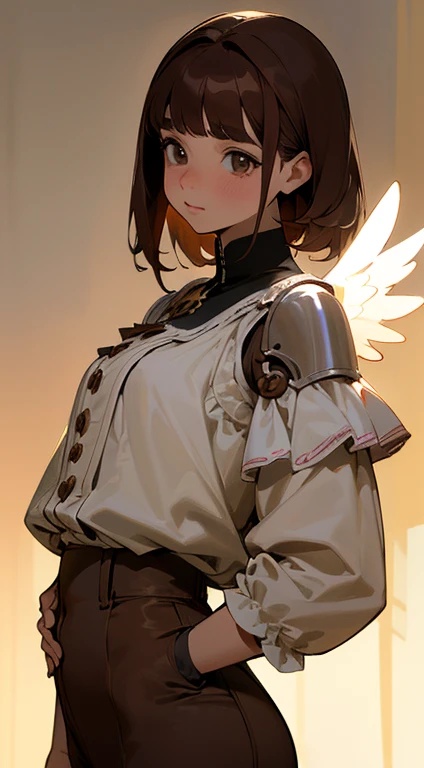 (La mejor calidad,8k,Altas Resoluciones,Obra maestra:1.2), Ultra detallado, HDR, profesional, Beautiful detailed and strong light brown eyes, cute button nose, dulces labios, angelic expression, straight shoulder length dark brown hair, dressed in pants, cuerpo completo, natural  lighting, fondo blanco