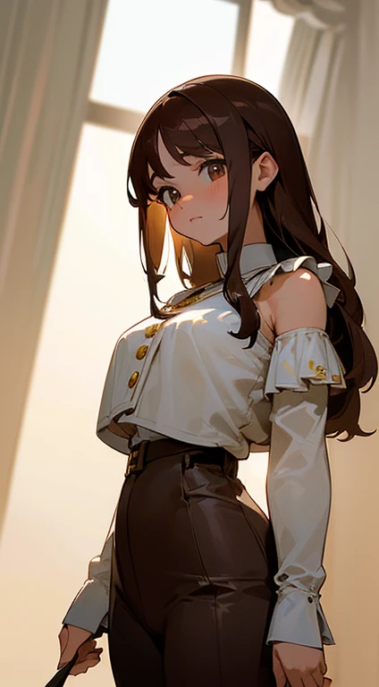 (La mejor calidad,8k,Altas Resoluciones,Obra maestra:1.2), Ultra detallado, HDR, profesional, Beautiful detailed and strong light brown eyes, cute button nose, dulces labios, angelic expression, straight shoulder length dark brown hair, dressed in pants, cuerpo completo, natural lighting, fondo blanco