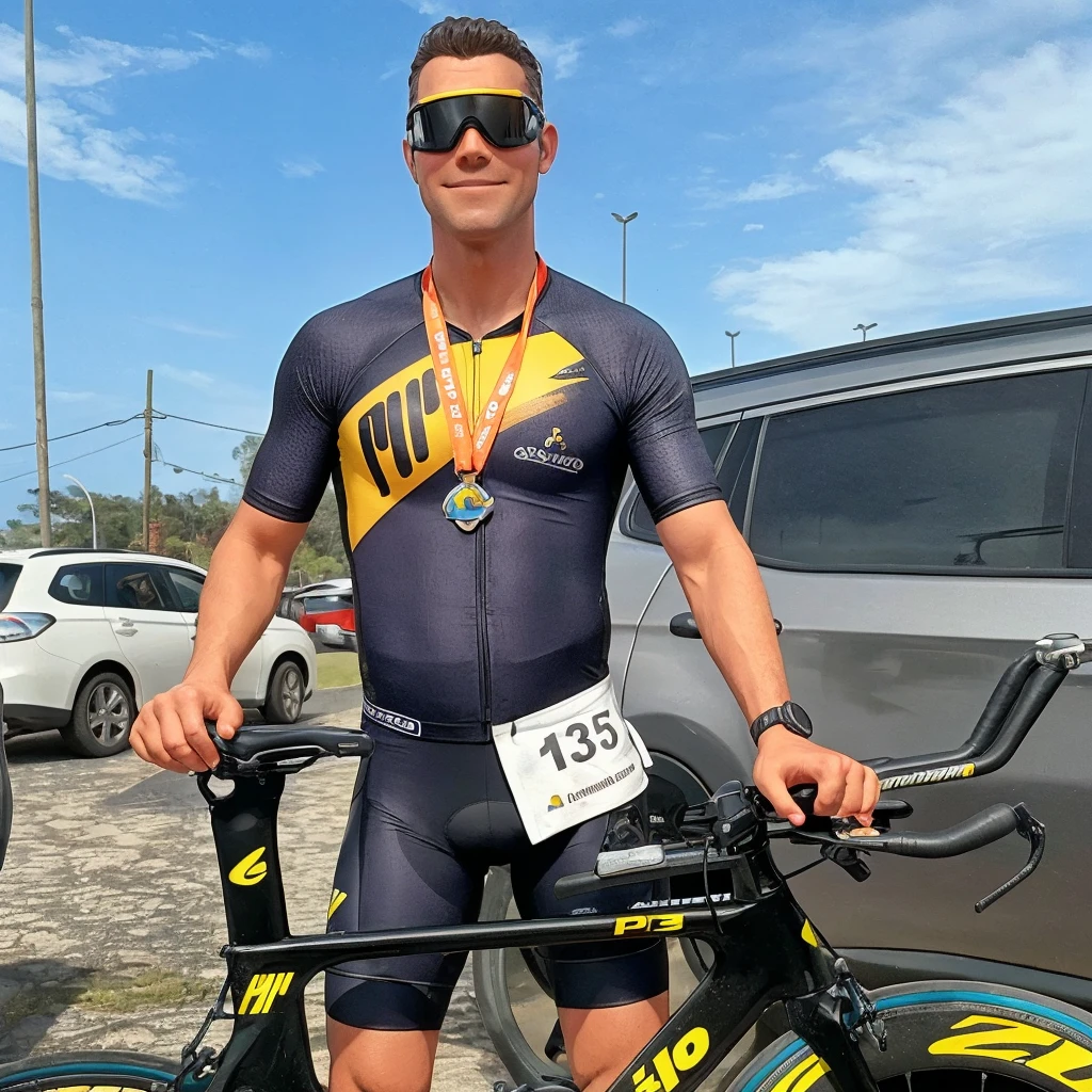 a white male cyclist, cycling goggles, medal on chest, wearing black and yellow cycling clothing, disney pixar style, high qualiy, best qualityer, 4K8K