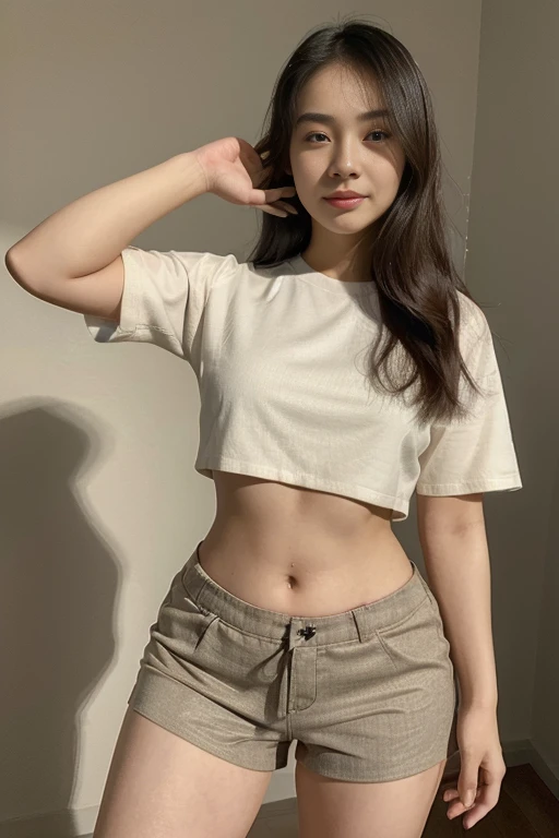 full body shot, (((25 years old asian woman))), wearing ((crop top and shorts)), (neutral background), (posing for the camera), playful, happy, (random face), (random hair), ultra detailed faces, masterpiece, best quality, hd, 8k, photorealistic