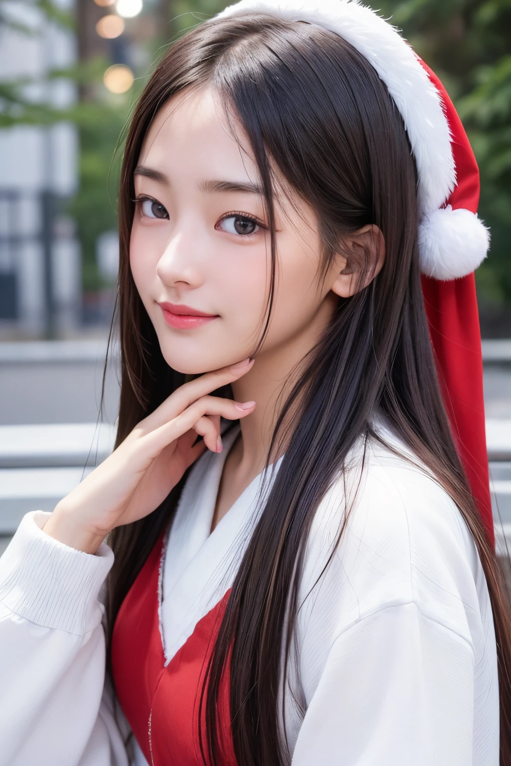 ​masterpiece, The highest image quality, hightquality, beautiful a girl, japanes, Japan schoolgirl, Popular Korean Makeup,wearing Santa Claus costume、 detaileds, Swollen eyes, A detailed eye, Detailed skin, Beautiful skins, 超A high resolution, (现实:1.4), very extremely beautiful, Slightly younger face, Beautiful skins, slender, (A hyper-realistic), (hight resolution), (8K), (beautifully detailed eyes), (ultra-detailliert), (wall-paper), (详细的脸), looking at the viewers, finely detail、A detailed face、pureerosfaceace_v1、A smile、Looking straight ahead、Looking straight ahead、angle from waist up、photos realistic、Bright lighting、length hair、Winter City