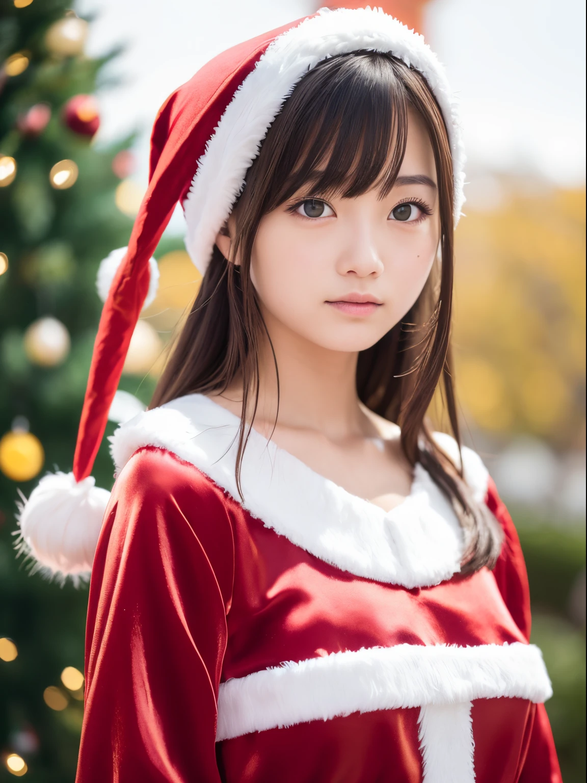tre anatomically correct,Masterpiece of,High image quality,(Cute Santa Claus costumes:1.5),(The material of the costume is fine silk:1.4),20 years old, Japan Female, (Random posture:1.4),Professional Lighting,((Japan hair)),((Natural smile)),The ultra-detailliert、High quality textures、intricate detailes、detaileds、Very detailed CG、High quality shadows、Detail Beautiful delicate face、Detail Beautiful delicate eyes、depth of fields、Ray traching,1girl in, japanaese girl, Fashion Model, slender,Warm atmosphere,Outdoors with a Christmas atmosphere