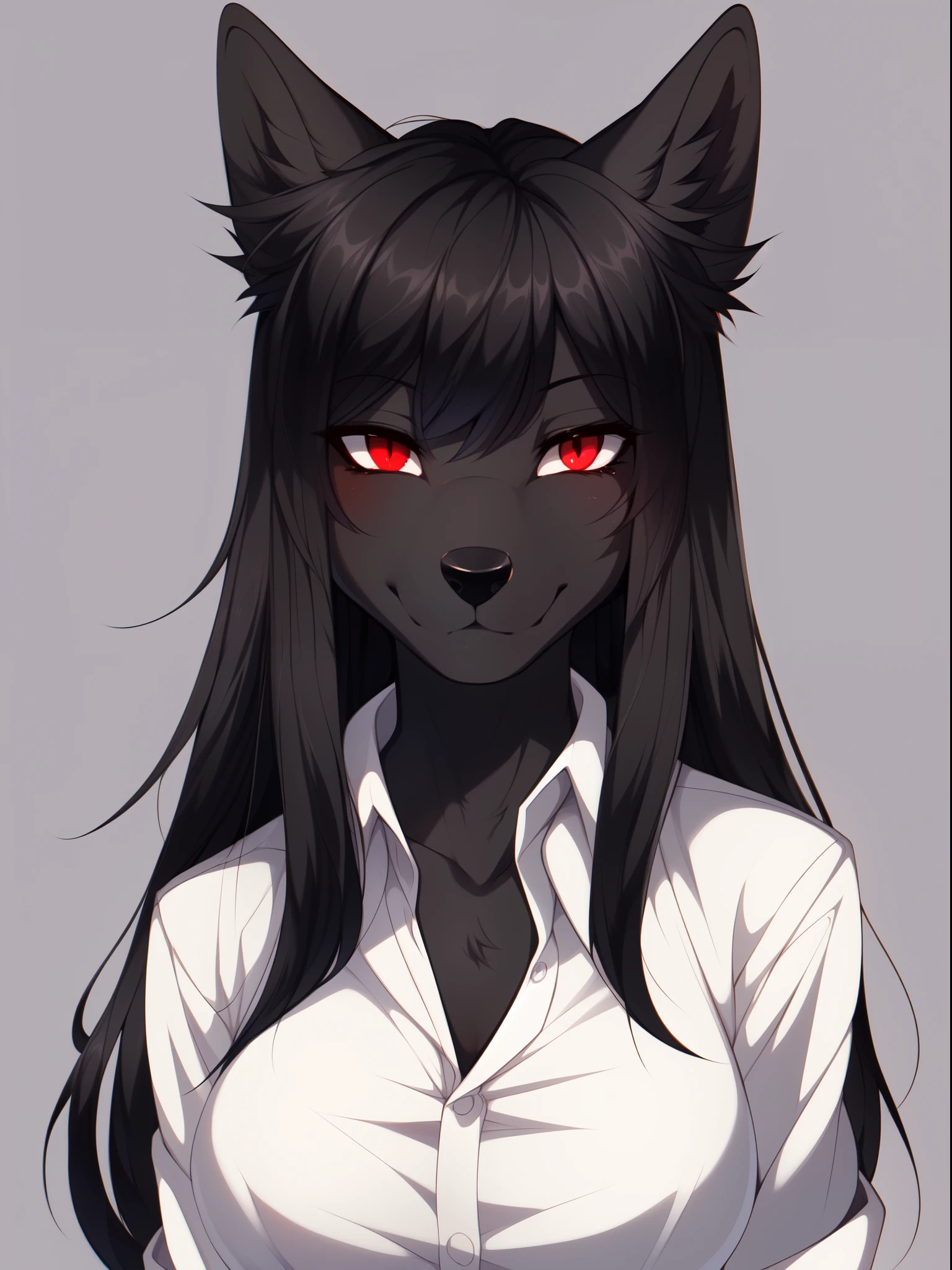 Solo, dark grey wolf, furry, red eyes, black ears,  ear fluff, snout, black nose, long black hair, straight bangs, tall, slender, medium breasts, furry body, wearing white collared shirt, by fumiko, by hyattlen, by hioshiru, close up, portrait, detailed eyes, front view