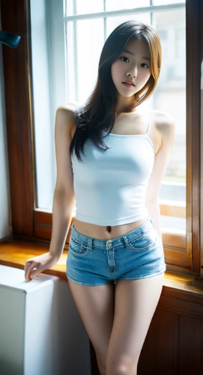 araffes in a white top and blue shorts is posing on a window sill, korean girl, gorgeous young korean woman, beautiful south korean woman, photo of slim girl model, beautiful young korean woman, asian girl, beautiful asian girl, good hips and long legs, skinny waist and thick hips, sexy girl wearing shorts, gorgeous chinese model, wearing tight simple clothes