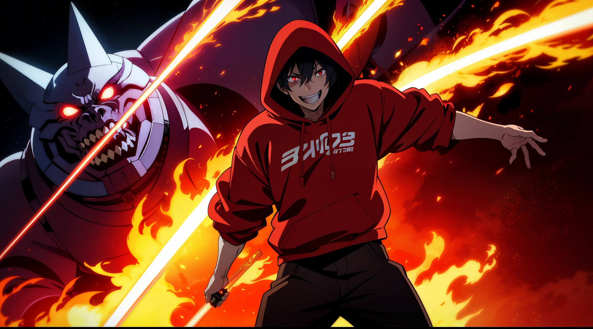 Anime guy in a hood with a demon smile, red lights in the eyes, fire from the eyes, holds a huge space cannon, shoots a bright beam at the planet, the planet explodes, lean muscular body, white sweatshirt with Japanese lettering, mechanical sword on the back