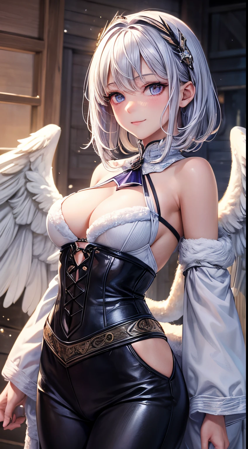 angel woman1, close-up, purple eyes, short white hair,(2-pair wings)،((Winter clothes))Cowboy shot, seductive smile, blushing and shyness,(Highly detailed CG,module,8K wallpapers)،(an extremely delicate and beautiful)،(巨作)،(Top Jude) ،( high-resolution)Beautiful lighting, realistic shade,[high-resolution]Highly detailed, detailed faces and eyes, realistic eyes, cowboy shot