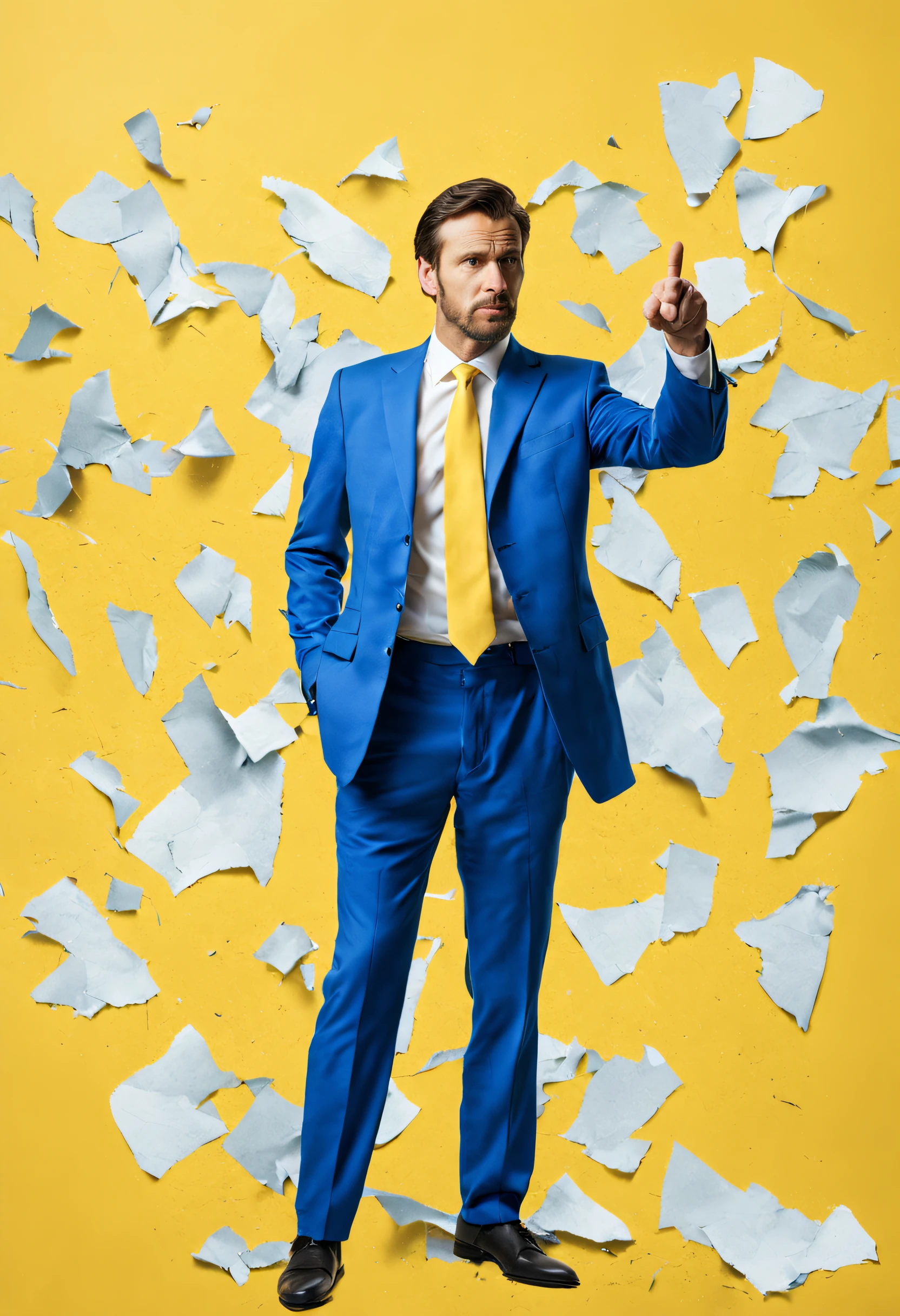 Affiche déchirée d&#39;un homme en plusieurs morceaux, Background color: jaune, l&#39;homme est en costume bleu, toujours reconnaissable en pointant son doigt vers l&#39;avant, Realistic Photography,