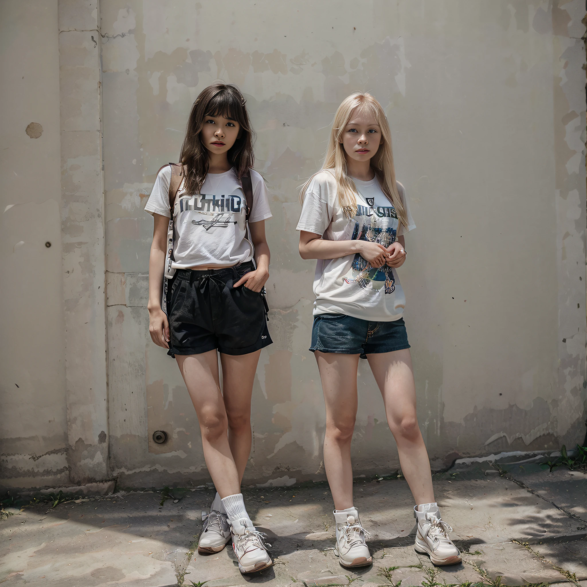 (best quality,masterpiece:1.2),detailed perfect face,young girl standing alone,albino,short stature,Asian,girl's hand crossed on chest,backpack,traveling shorts,T-shirt,sport boots,nature