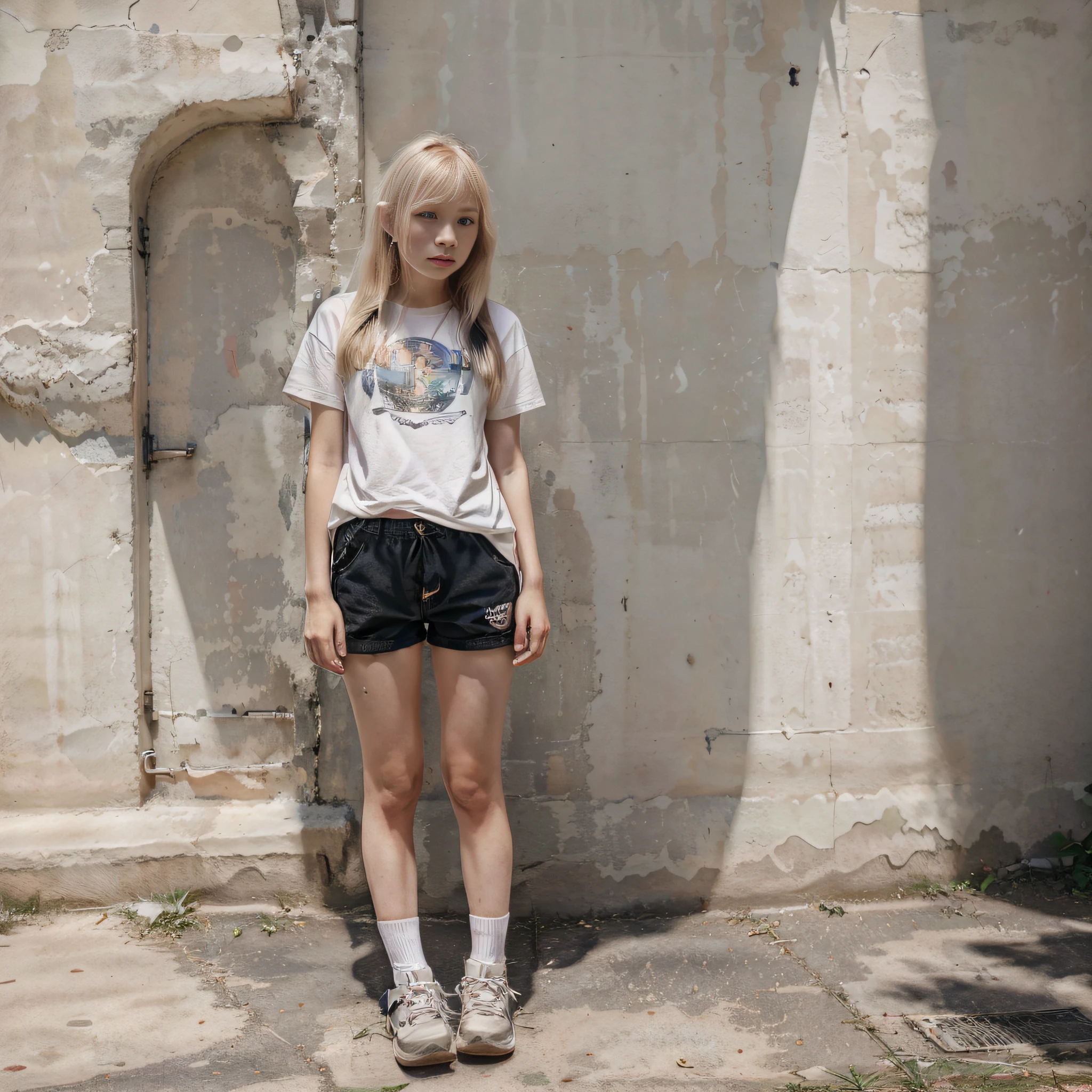 (best quality,masterpiece:1.2),detailed perfect face,young girl standing alone,albino,short stature,Asian,girl's hand crossed on chest,backpack,traveling shorts,T-shirt,sport boots,nature