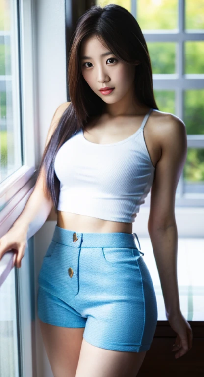 araffes in a white top and blue shorts is posing on a window sill, korean girl, gorgeous young korean woman, beautiful south korean woman, photo of slim girl model, beautiful young korean woman, asian girl, beautiful asian girl, good hips and long legs, skinny waist and thick hips, sexy girl wearing shorts, gorgeous chinese model, wearing tight simple clothes
