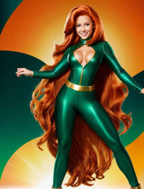 Realistic portrayal:1.2, photorealistic, 8k, Sam from Totally Spies! long slightly wavy orange hair, emerald green eyes and fair skin; smiling,wearing a full body gold outfit. , wide-angle shot, high-angle shot