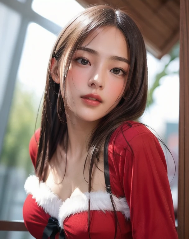 Photorealistic, masutepiece, Best Quality, Raw photo, 1girl in, Solo, Long hair, Brown hair, Detailed face, alluring face, wearing Santa Claus costume, medium breasts, Dynamic Pose, Looking at Viewer, From below, Detailed background, fine detailed, intricate detailes, Ray tracing, depth of fields, lowkey, nffsw