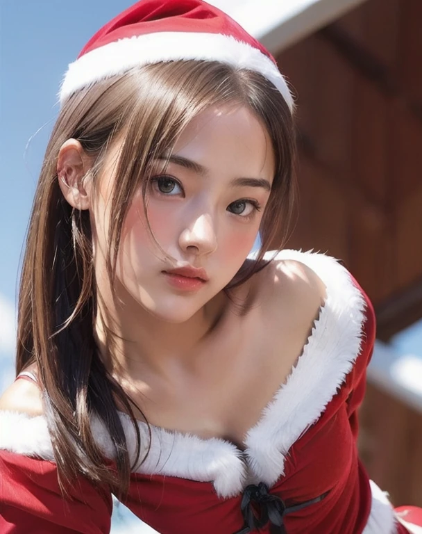 Photorealistic, masutepiece, Best Quality, Raw photo, 1girl in, Solo, Long hair, Brown hair, Detailed face, alluring face, wearing Santa Claus costume, medium breasts, Dynamic Pose, Looking at Viewer, From below, Detailed background, fine detailed, intricate detailes,  Ray tracing, depth of fields, lowkey, nffsw