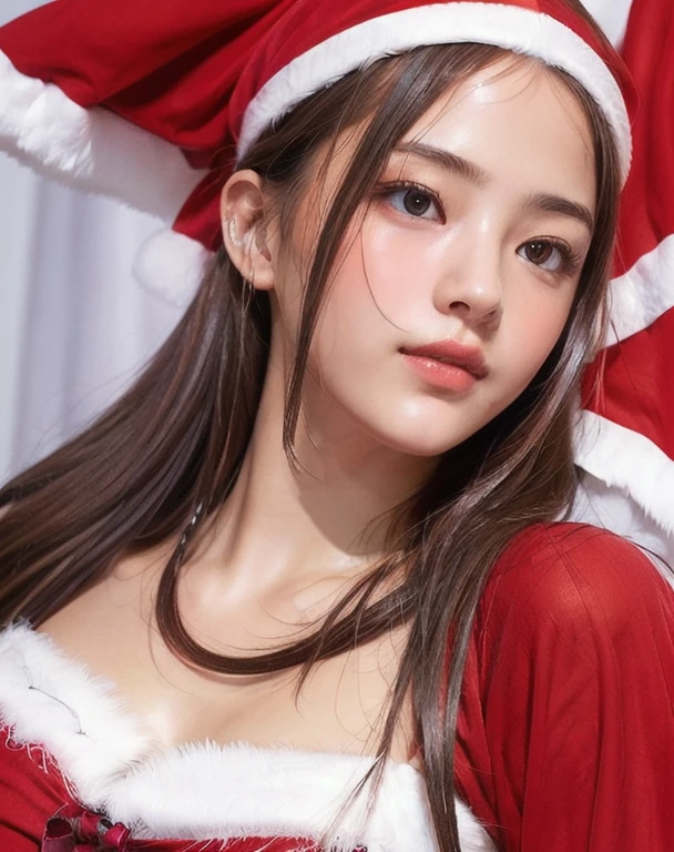 Photorealistic, masutepiece, Best Quality, Raw photo, 1girl in, Solo, Long hair, Brown hair, Detailed face, alluring face, wearing Santa Claus costume, medium breasts, Dynamic Pose, Looking at Viewer, From below, Detailed background, fine detailed, intricate detailes, Ray tracing, depth of fields, lowkey, nffsw