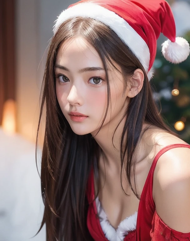 Photorealistic, masutepiece, Best Quality, Raw photo, 1girl in, Solo, Long hair, Brown hair, Detailed face, alluring face, wearing Santa Claus costume, medium breasts, Dynamic Pose, Looking at Viewer, From below, Detailed background, fine detailed, intricate detailes,  Ray tracing, depth of fields, lowkey, nffsw