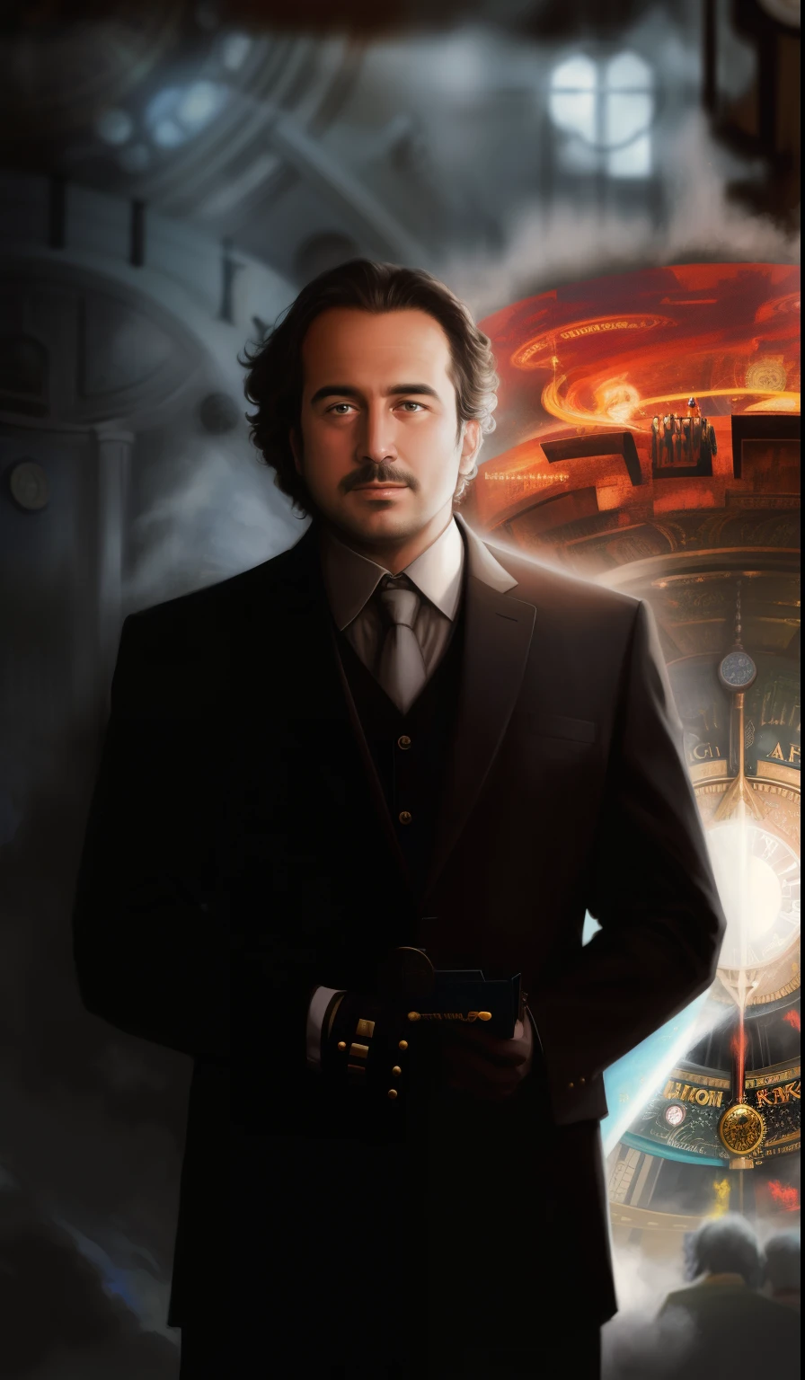 a man in a suit and tie stands in front of a clock, Neil Asher science fiction, Giorgio A. Tsoukalos, based on Johfra Bosschart, promotional art, Ivan, Fan art, andrei riabovitchevy, inspired by Ludwik Konarzewski Jr., based on Konrad Klafek