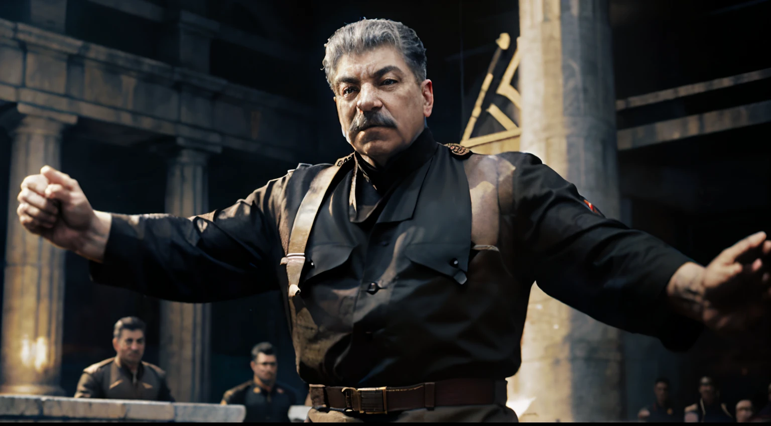 josephstalin, ready to fight, mortal kombat scene fighter, hyperrealistic