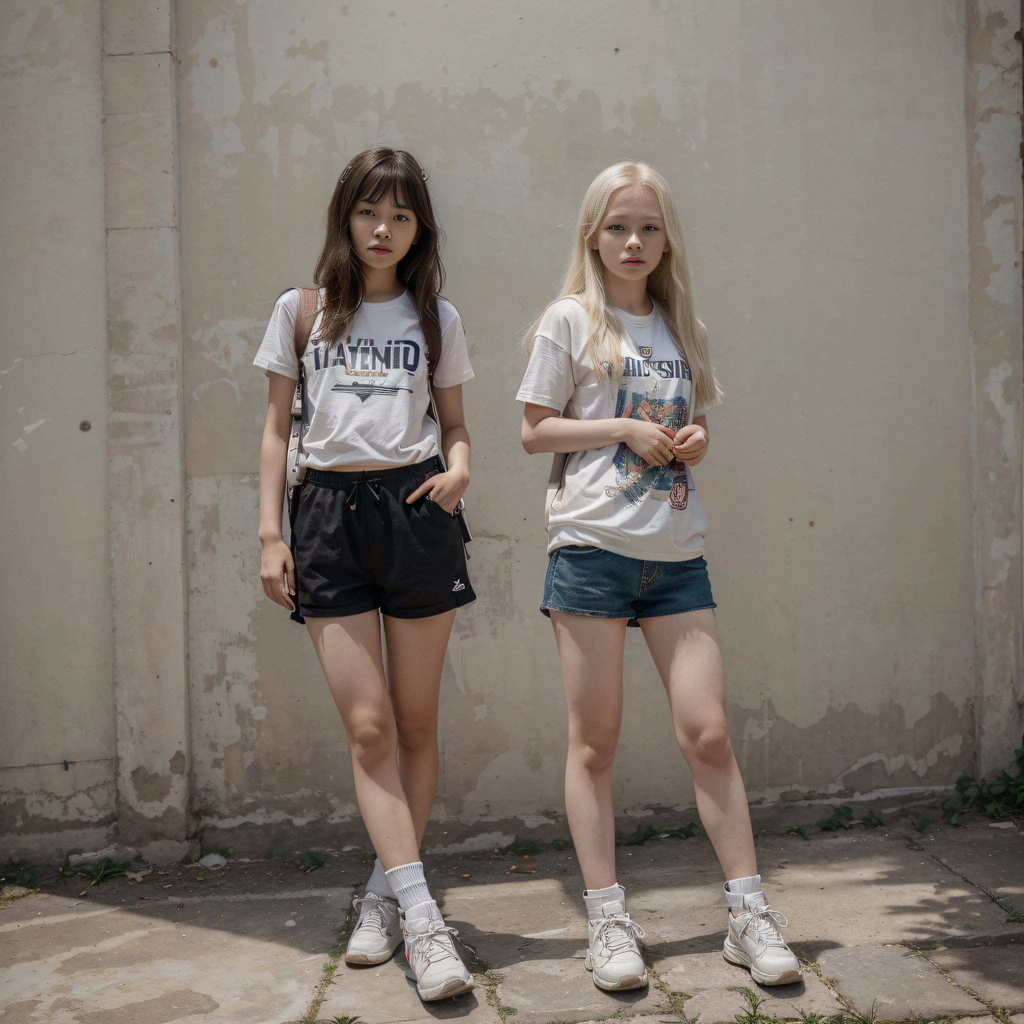 (best quality,masterpiece:1.2),detailed perfect face,young girl standing alone,albino,short stature,Asian,girl's hand crossed on chest,backpack,traveling shorts,T-shirt,sport boots,nature