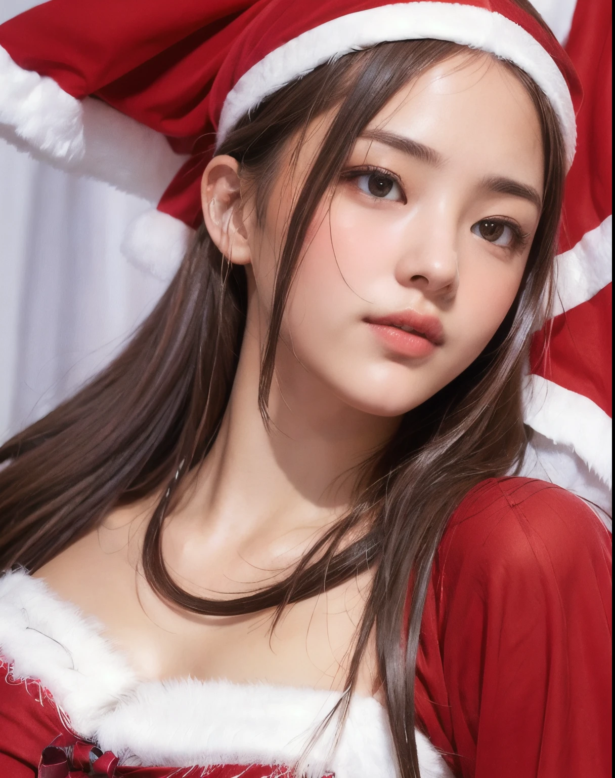 Photorealistic, masutepiece, Best Quality, Raw photo, 1girl in, Solo, Long hair, Brown hair, Detailed face, alluring face, wearing Santa Claus costume, medium breasts, Dynamic Pose, Looking at Viewer, From below, Detailed background, fine detailed, intricate detailes,  Ray tracing, depth of fields, lowkey, nffsw