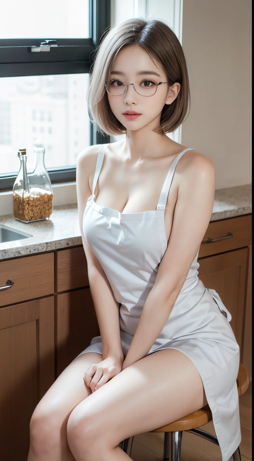 Top image quality、Raw photography、超A high resolution、18-year-old Korean、Glasses beauty、Colossal tits:1.5、cleavage of the breast:1.5、Healthy complexion、shiny white skin、(short cut hair)、((Light brown silver hair))、Beautiful eyes with random colors、very thin lips、beautiful eyes finely detailed、elongated eyes、pale pink blush、long eyeslashes、Beautiful double eyelids、eyeshadows、耳环、Beautiful skin、Healthy skin、(Fashionable glasses、Wearing _kitchin_Apron、Broken white micro apron、Naked little apron, Fluffy breasts、Milk protruding around、rounded udder、The entire shoulder is exposed、Beautiful legs、Attractive thighs)、(slightly thicker thighs、Sit in the kitchen)