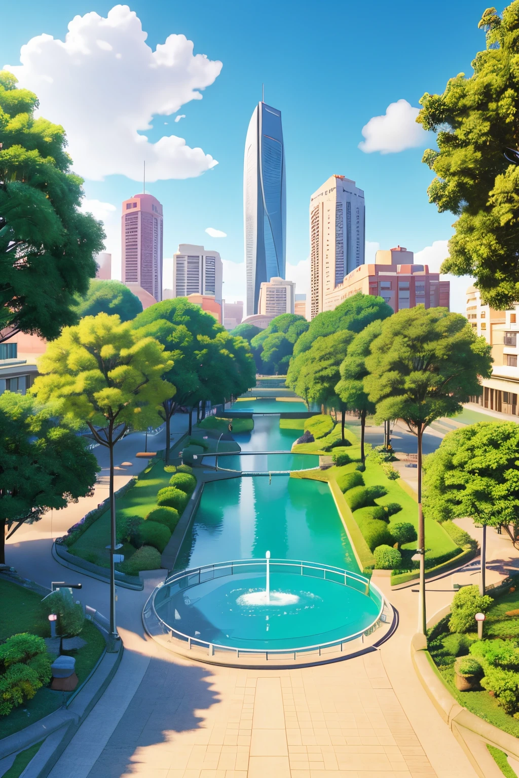 Imagine a vibrant, sunny park in the heart of the city, com um rio sereno fluindo ao seu redor. Agora, visualize uma graciosa ponte atravessando o rio, connecting the two banks and offering a panoramic view of the scenery