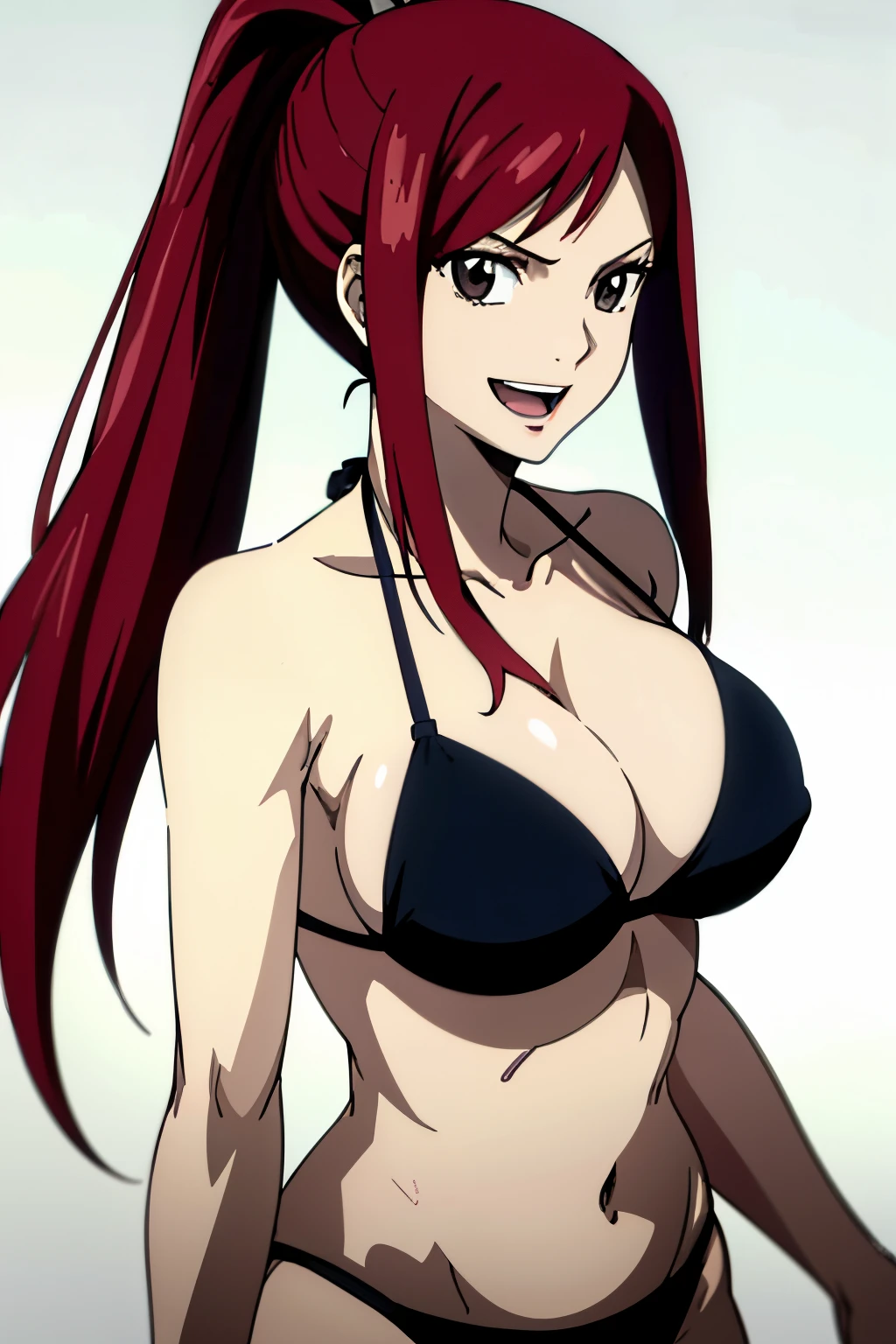 ((white color background)), (black bikini), groin, high color saturation, perfect anatomy, cowboy shot, 4k, very high color saturation, standing, bold drawing lines, ultra detailed body and face, perfect body proportions, highest quality, 1girl, solo, ((white color background)), thick arms , smile, ERZASCARLET, BARE SHOULDERS, big breasts, off-shoulders, (black bikini, black bikini) , tall girl, ponytail, (shiny hair), detailed red hair, open mouth, big eyes, long belly, wide shoulders