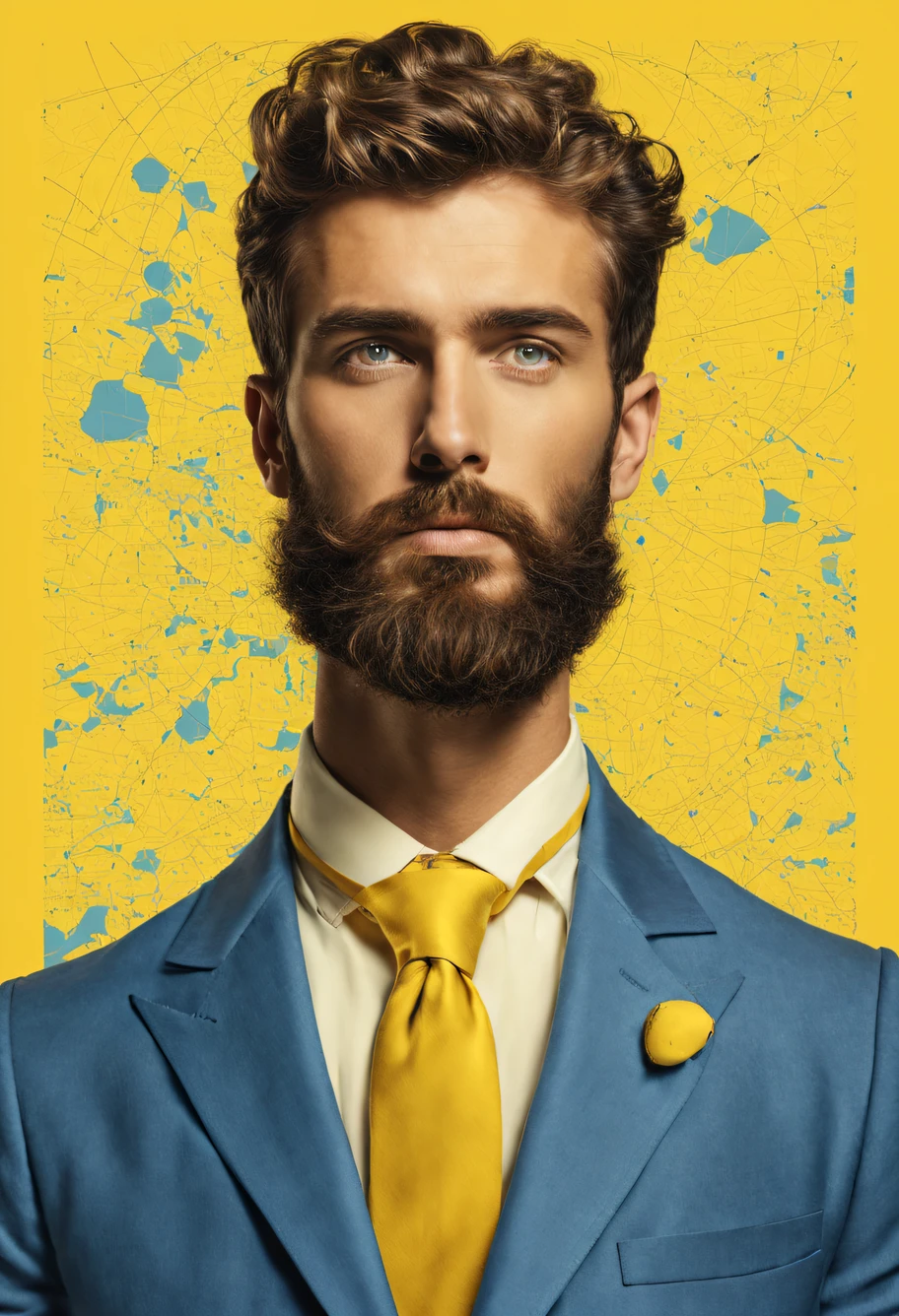 ((corps entier)), Portrait complet d'une belle homme primé real Style, (((visage d'homme parfait avec barbe et cheveux court)),((Vêtements costume vendeur bleu et cravate jaune)), , Gloriette, complexe, ( beaux yeux de détail),(), (Lumière du soleil), Illustration graphique avec arrière plan jaune, l'homme est sur l'affiche déchirée, Art numérique, tendances sur le réel, très détaillée, détails fins, complexe,
