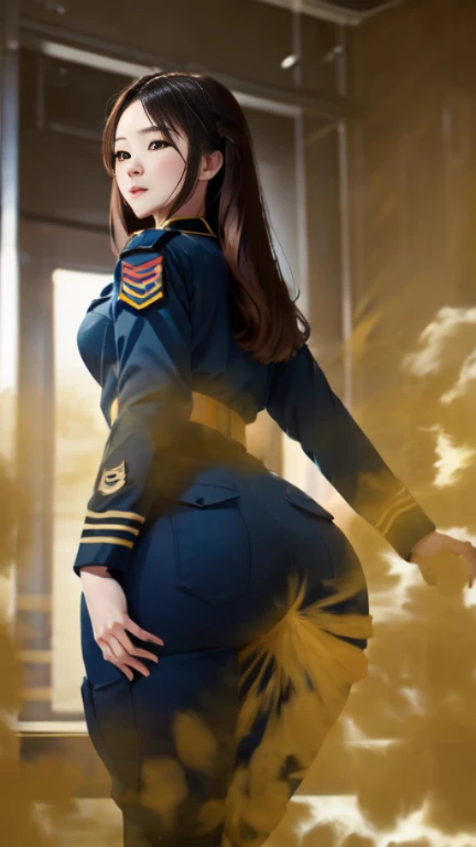 ((velocity)),Attacked by farts, (((Women farting))),(girl farting while stand)),bushing,velocity,(a female soldier), (wearing a military soldiers outfit),(stand facing the way),(her buttt facing the way) (long hair brown hair),(Asian woman),(military base),(masterpiece:1.2、top-quality)、(the Extremely Detailed CG Unity 8K Wallpapers、ultra-detailliert、Best Shadows),(The best lighting、extremely delicate and beautiful)、depth of fields、