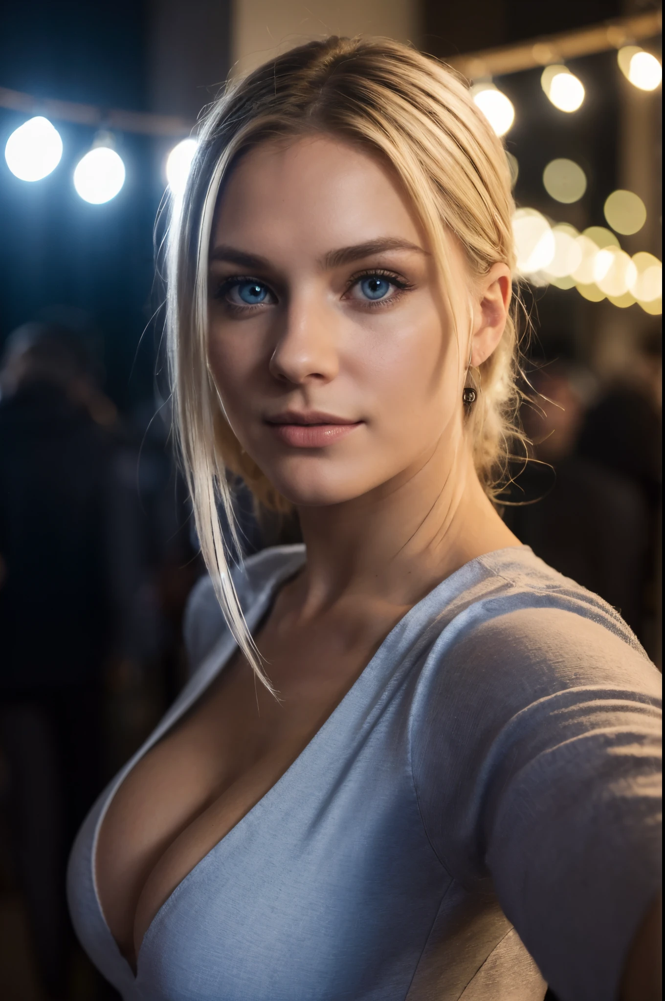 (Selfie, Draufsicht: 1.4), (full entire body: 1.4), RAW UHD portrait of a 24-year-old blonde (Blue-eyed woman) Spazierengehen auf einer Party, Menschen im Hintergrund, (Rock), (Spaltung ), Details (Gewebe!, Haar!, Helligkeit, Farbe!!, Benachteiligungen: 1.1), Strahlende Augen mit hoher Detailgenauigkeit (Blick in die Kamera), SLR-Beleuchtung, Spiegelreflexkamera, ultra quality, Sharpness, Depth of field, Getreidefolie (Mitte), Fujifilm XT3, kristallklar, Mitte des Rahmens, handsome face, Scharfer Fokus, LED-Lampe, Neonbeleuchtung, bokeh (schwach beleuchtet), Nacht, (Nachthimmel), Detaillierte Hautporen, Oily skin, verbrennt Sonnenkollektoren, Komplexe AugenDetails, full entire body, big boobs